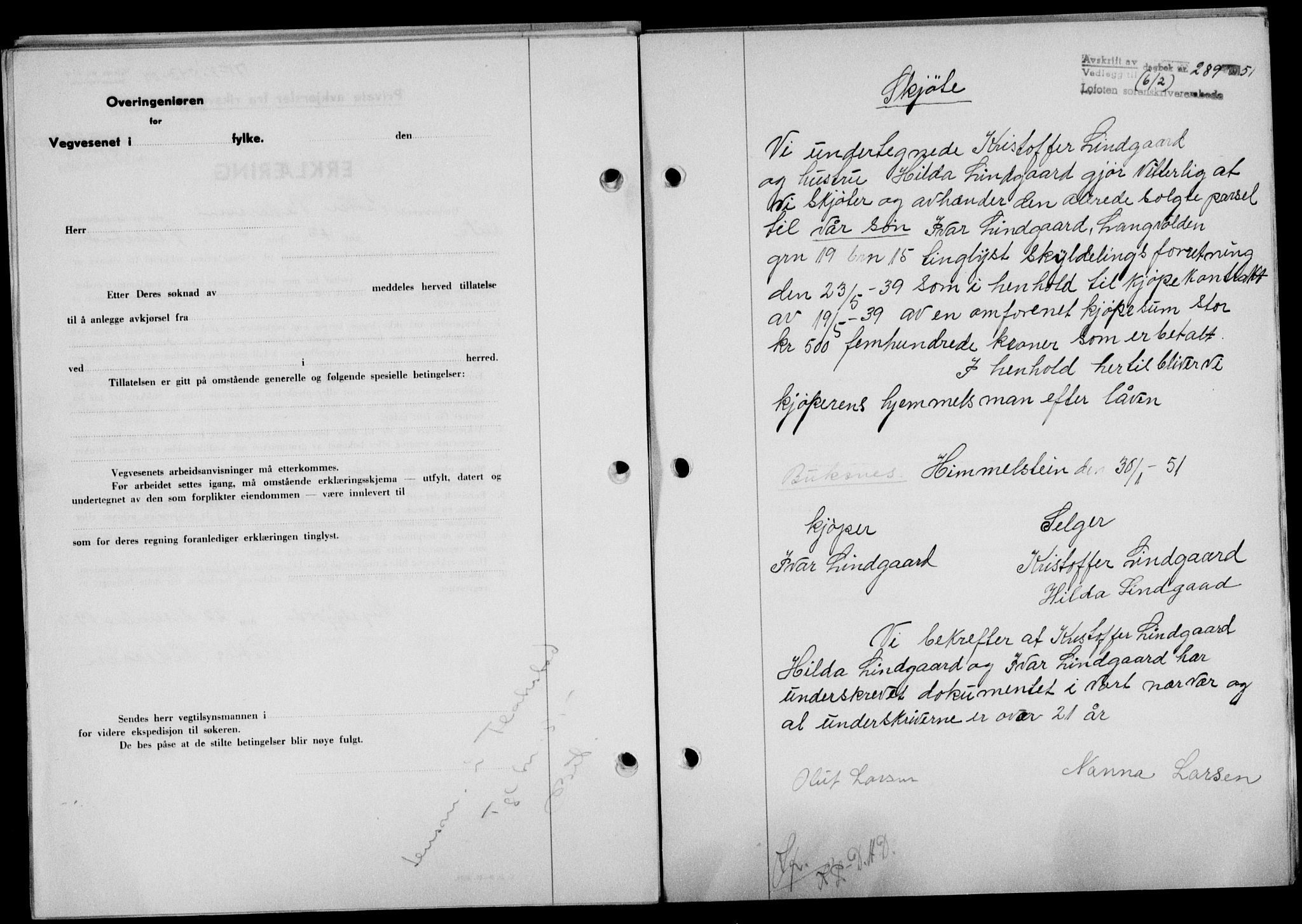 Lofoten sorenskriveri, SAT/A-0017/1/2/2C/L0025a: Mortgage book no. 25a, 1950-1951, Diary no: : 289/1951