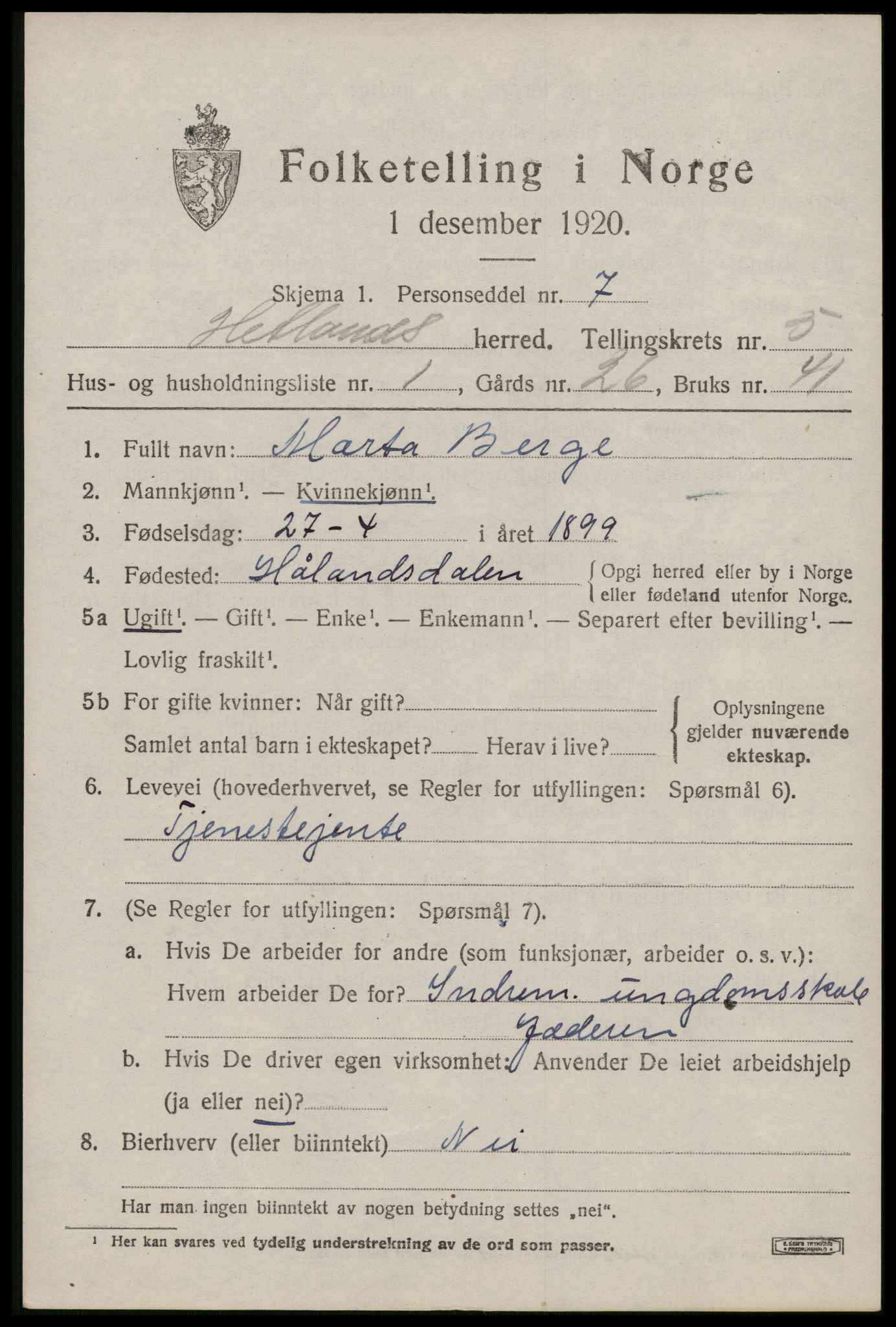 SAST, 1920 census for Hetland, 1920, p. 8165