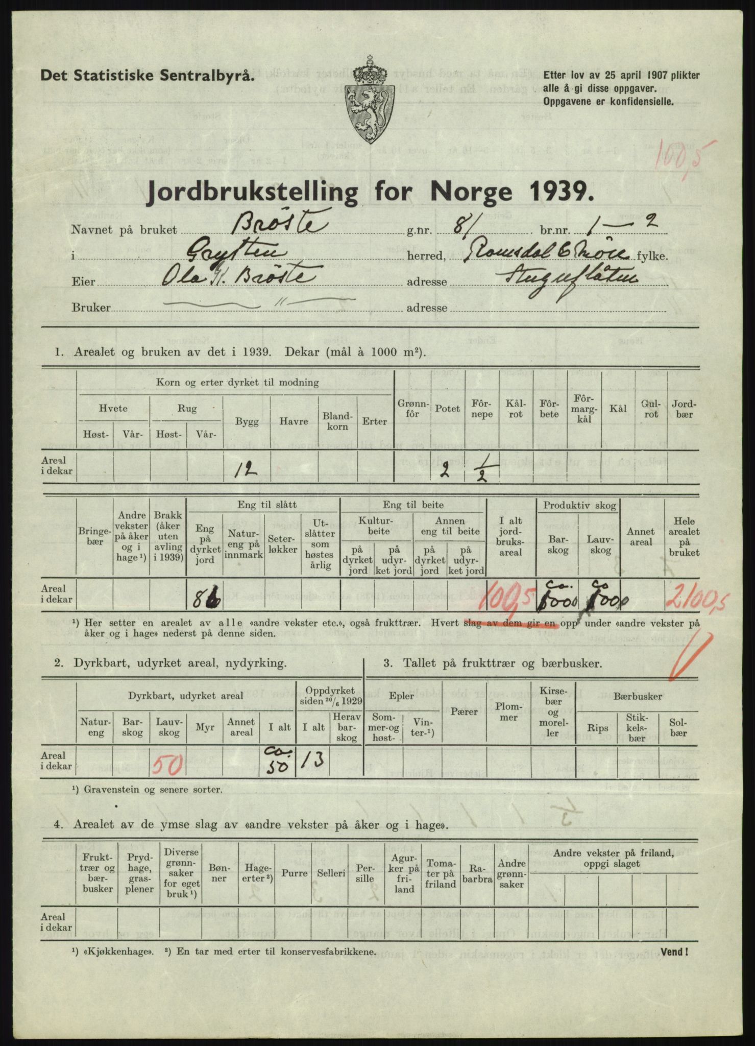 Statistisk sentralbyrå, Næringsøkonomiske emner, Jordbruk, skogbruk, jakt, fiske og fangst, AV/RA-S-2234/G/Gb/L0251: Møre og Romsdal: Voll, Eid, Grytten og Hen, 1939, p. 873