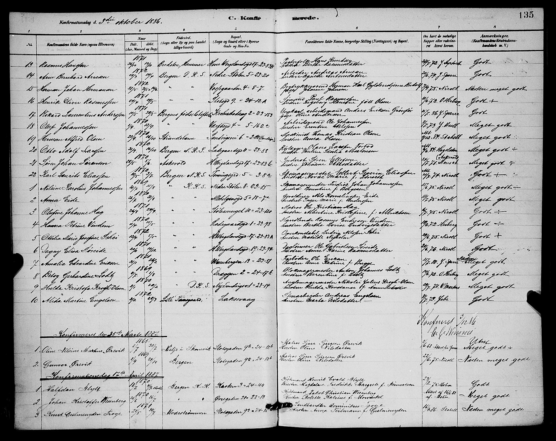 Mariakirken Sokneprestembete, SAB/A-76901/H/Hab/L0004: Parish register (copy) no. A 4, 1878-1892, p. 135