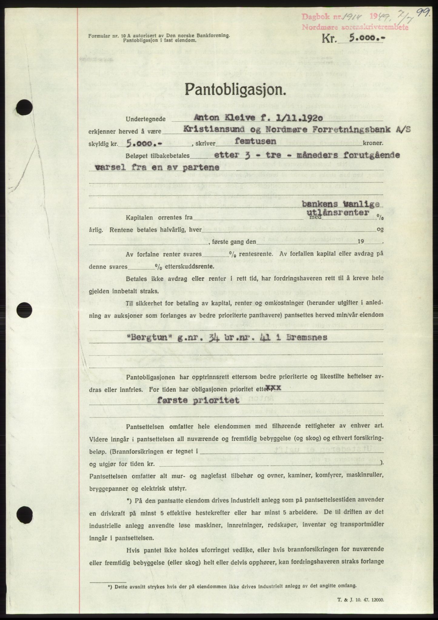 Nordmøre sorenskriveri, AV/SAT-A-4132/1/2/2Ca: Mortgage book no. B102, 1949-1949, Diary no: : 1914/1949