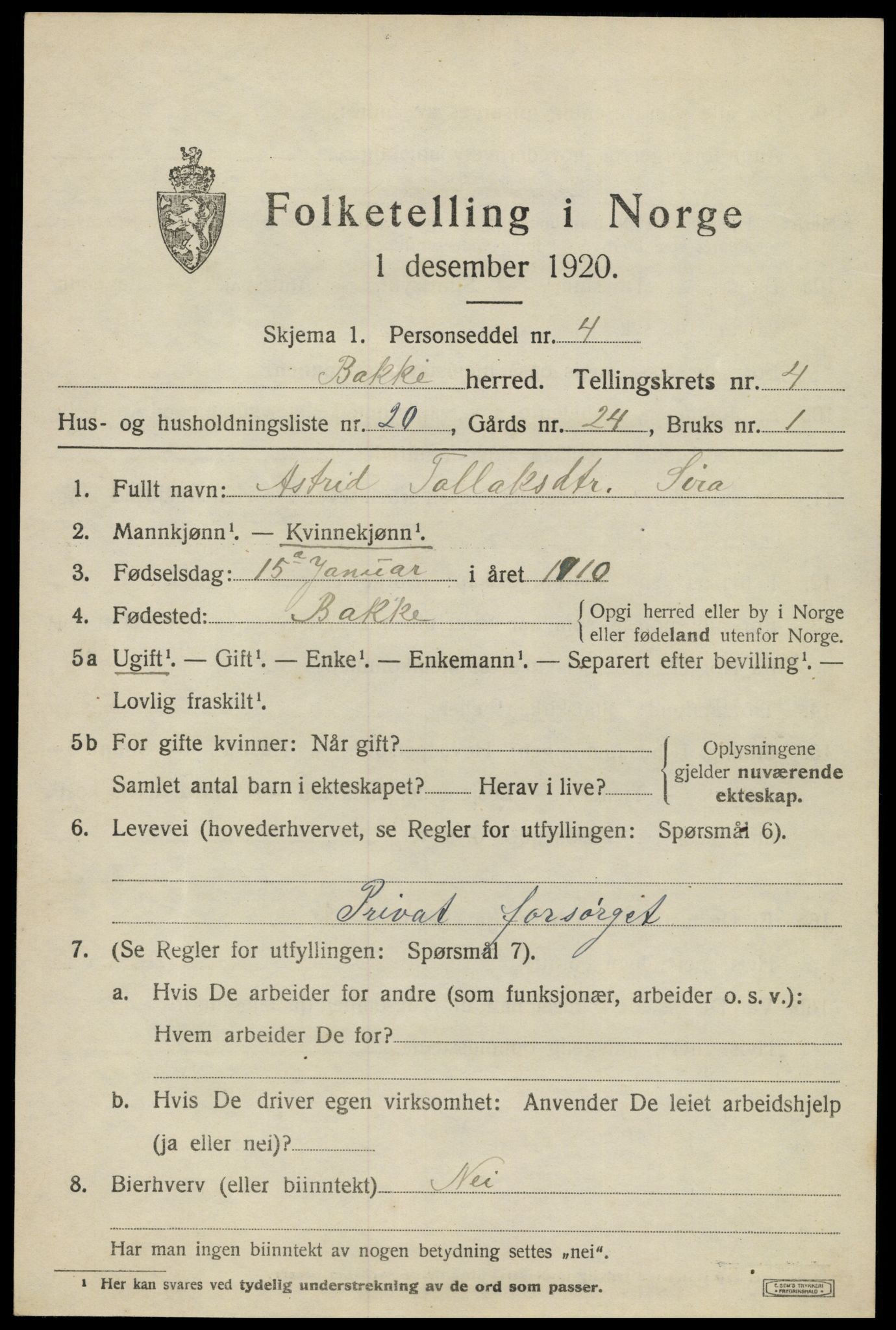 SAK, 1920 census for Bakke, 1920, p. 1424