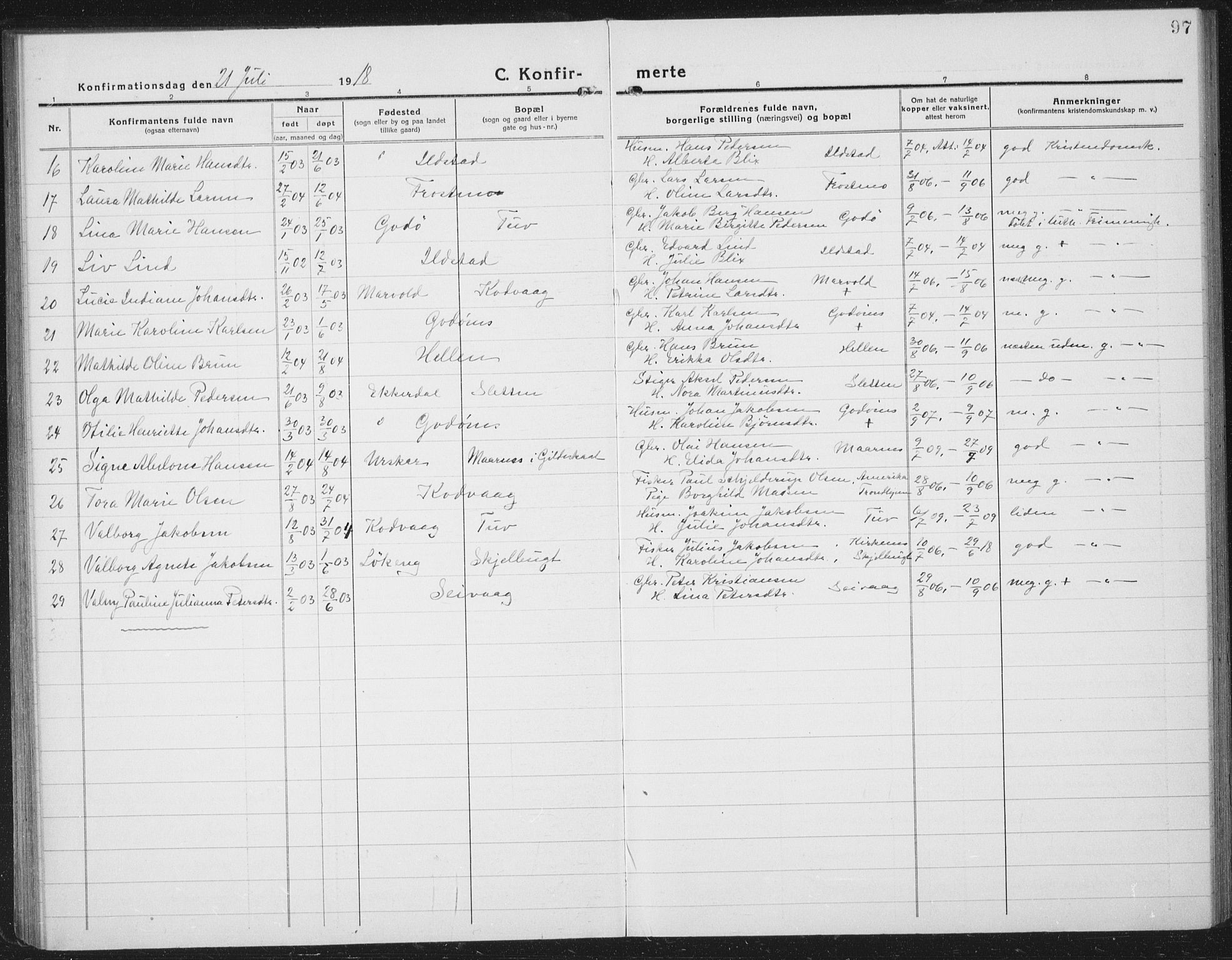 Ministerialprotokoller, klokkerbøker og fødselsregistre - Nordland, AV/SAT-A-1459/804/L0089: Parish register (copy) no. 804C02, 1918-1935, p. 97