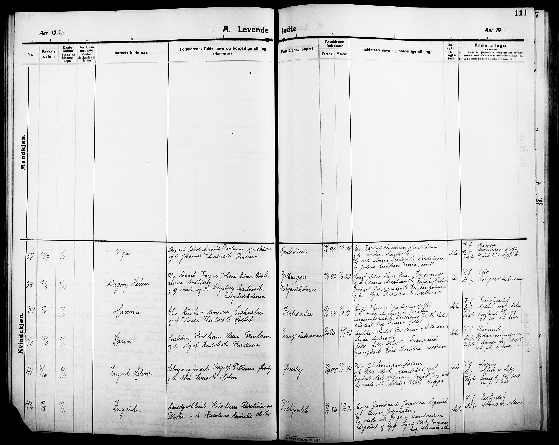 Åsnes prestekontor, AV/SAH-PREST-042/H/Ha/Hab/L0007: Parish register (copy) no. 7, 1909-1926, p. 111