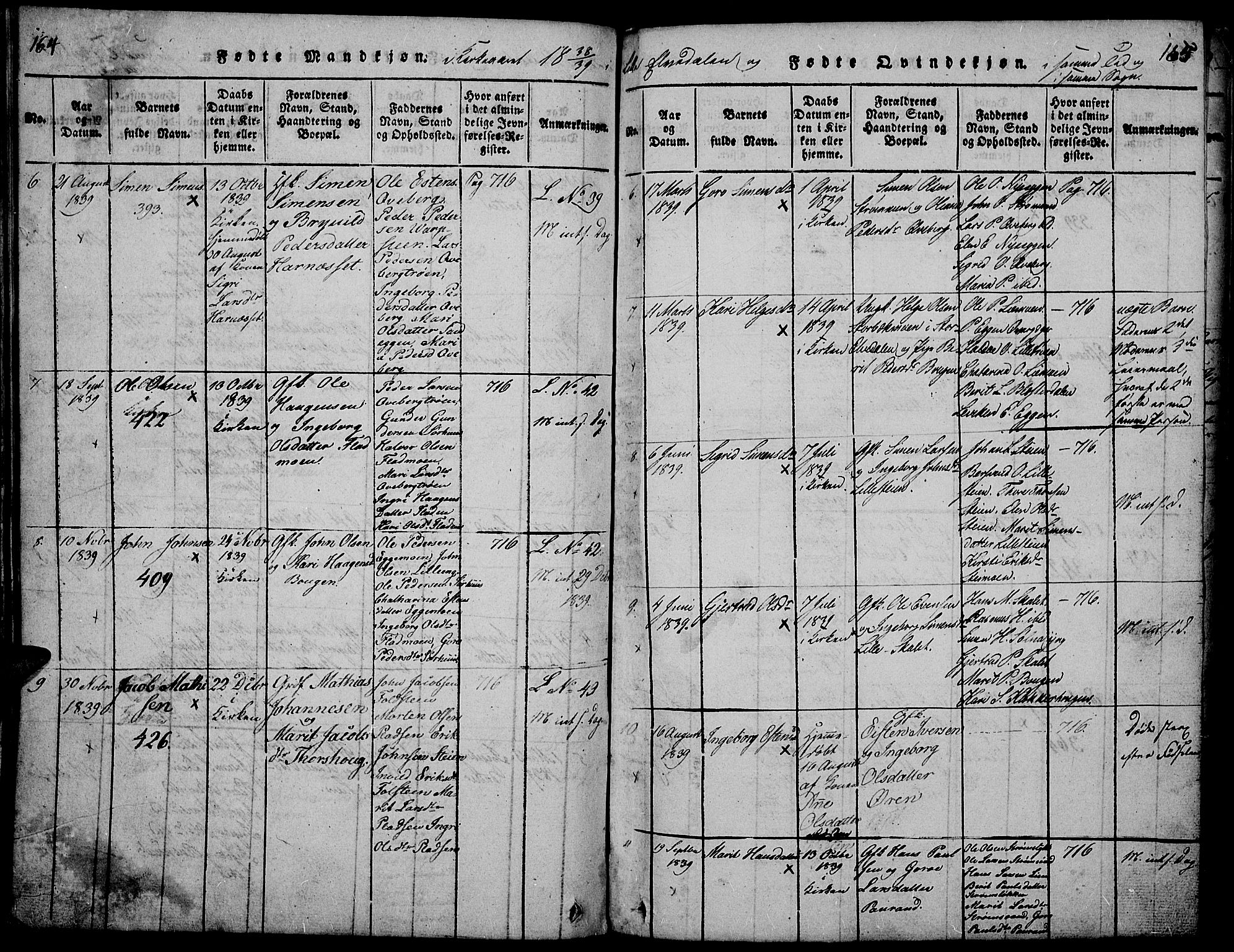 Tynset prestekontor, SAH/PREST-058/H/Ha/Hab/L0002: Parish register (copy) no. 2, 1814-1862, p. 164-165