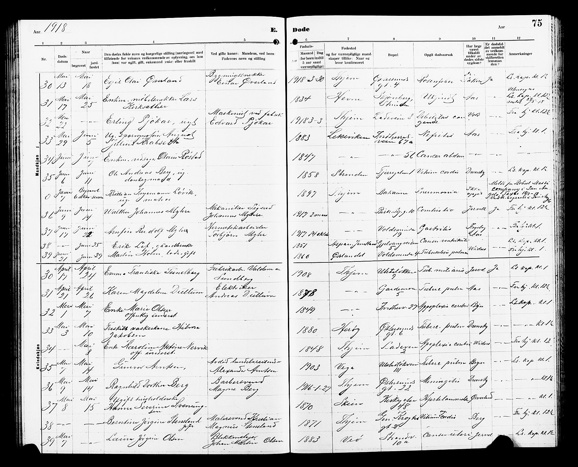 Ministerialprotokoller, klokkerbøker og fødselsregistre - Sør-Trøndelag, AV/SAT-A-1456/605/L0257: Parish register (copy) no. 605C04, 1916-1922, p. 75