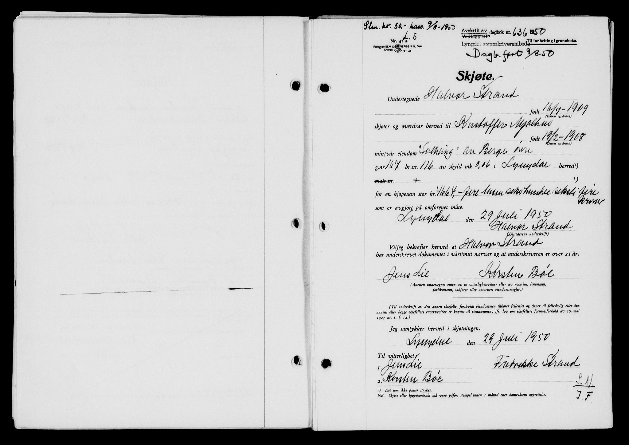 Lyngdal sorenskriveri, AV/SAK-1221-0004/G/Gb/L0665: Mortgage book no. A XI, 1950-1950, Diary no: : 636/1950