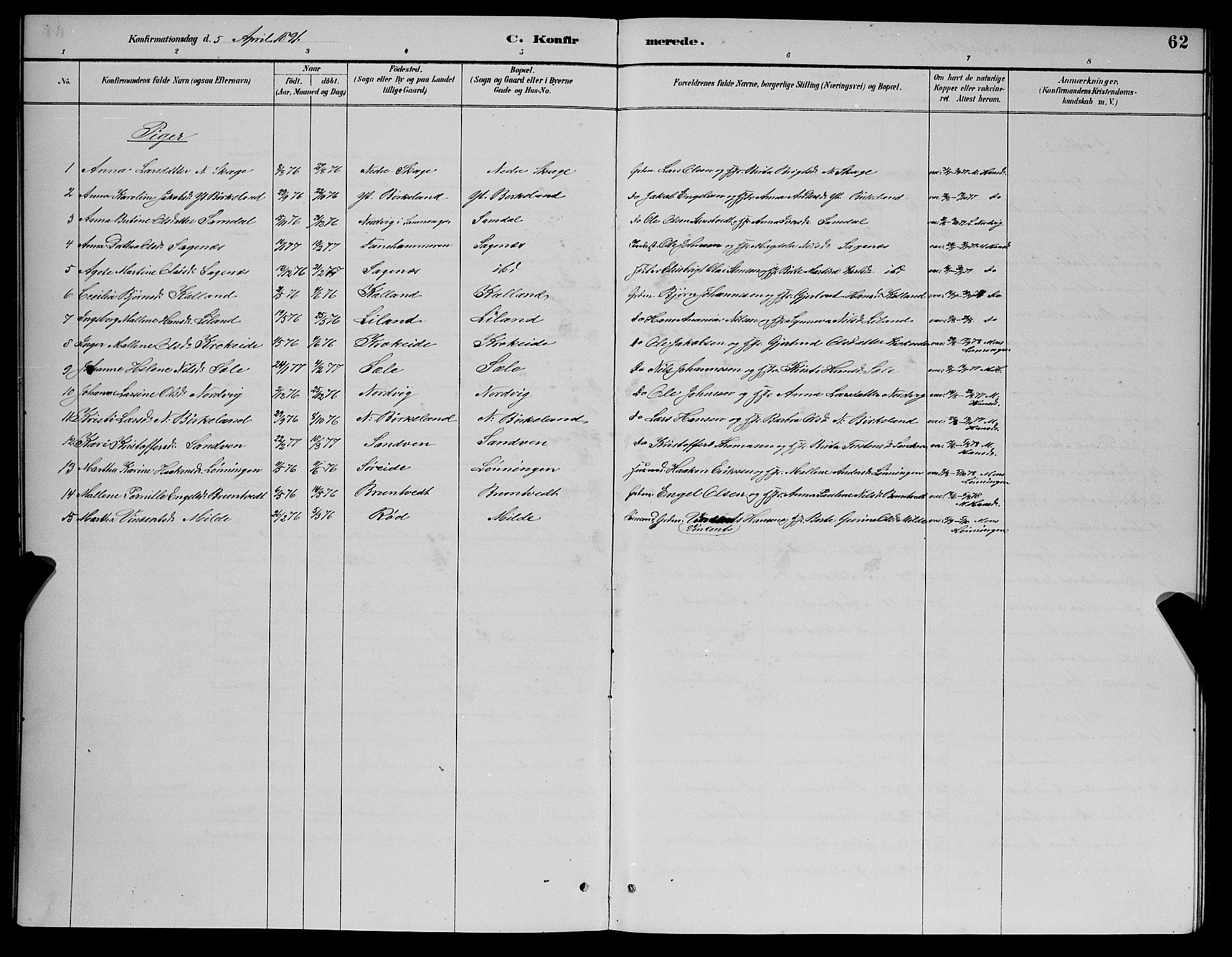 Fana Sokneprestembete, AV/SAB-A-75101/H/Hab/Haba/L0002: Parish register (copy) no. A 2, 1889-1895, p. 62