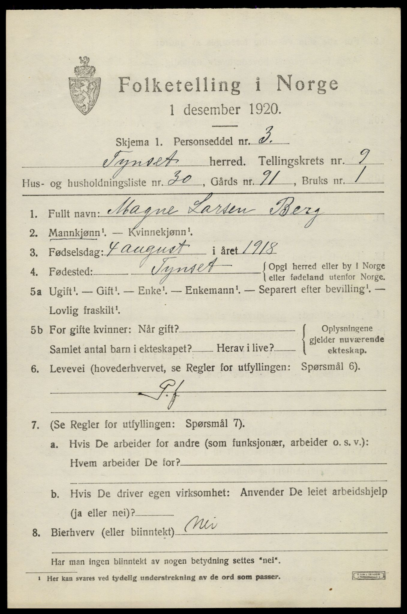 SAH, 1920 census for Tynset, 1920, p. 7488