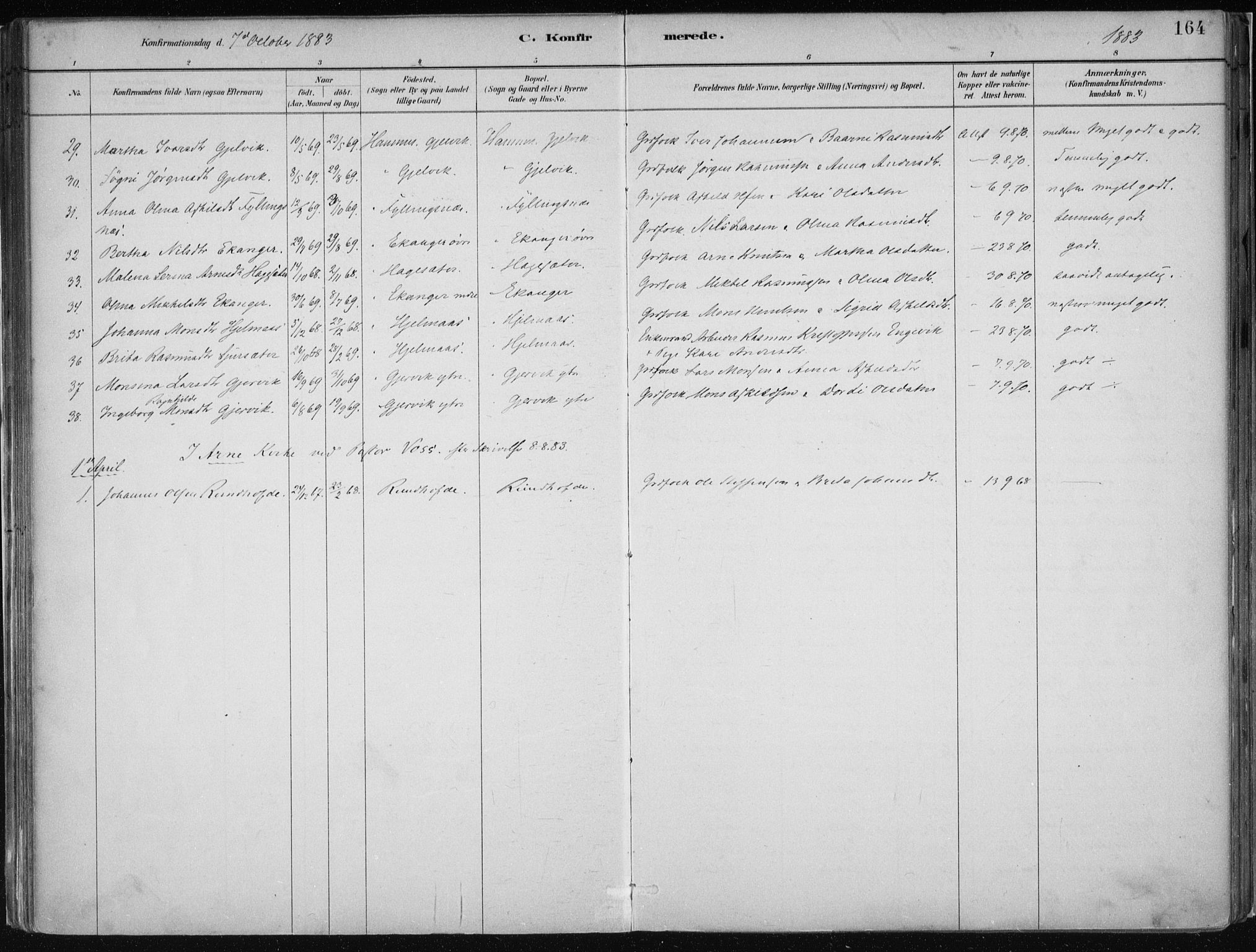 Hamre sokneprestembete, AV/SAB-A-75501/H/Ha/Haa/Haab/L0001: Parish register (official) no. B  1, 1882-1905, p. 164