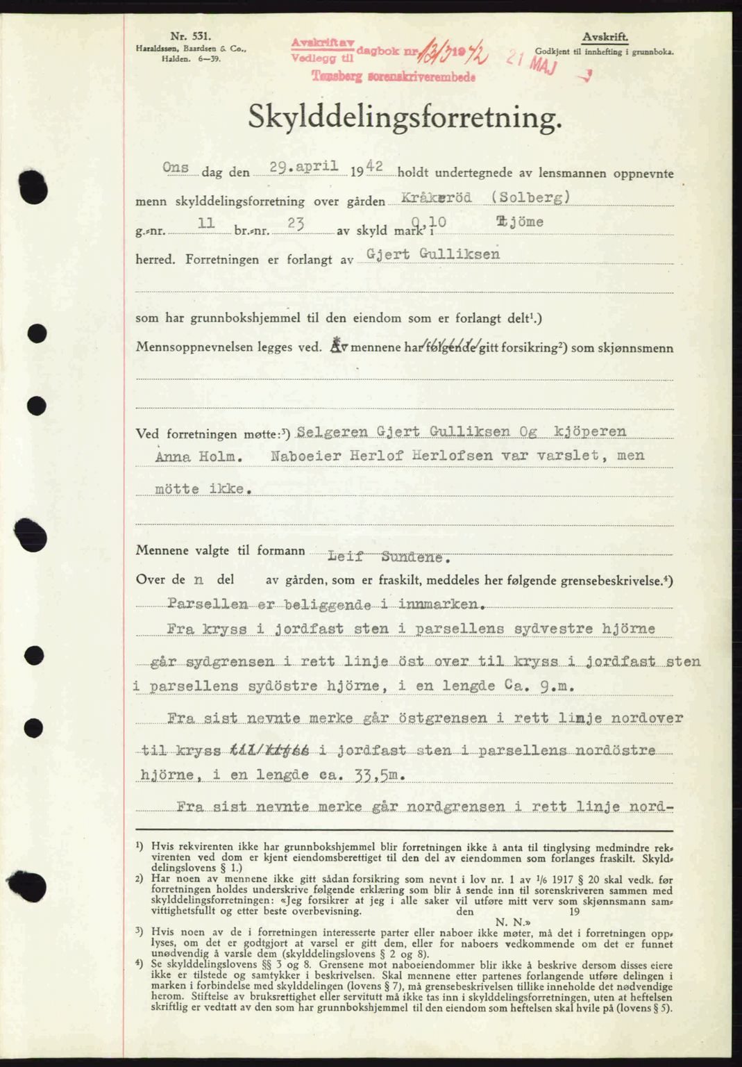 Tønsberg sorenskriveri, AV/SAKO-A-130/G/Ga/Gaa/L0011: Mortgage book no. A11, 1941-1942, Diary no: : 1313/1942