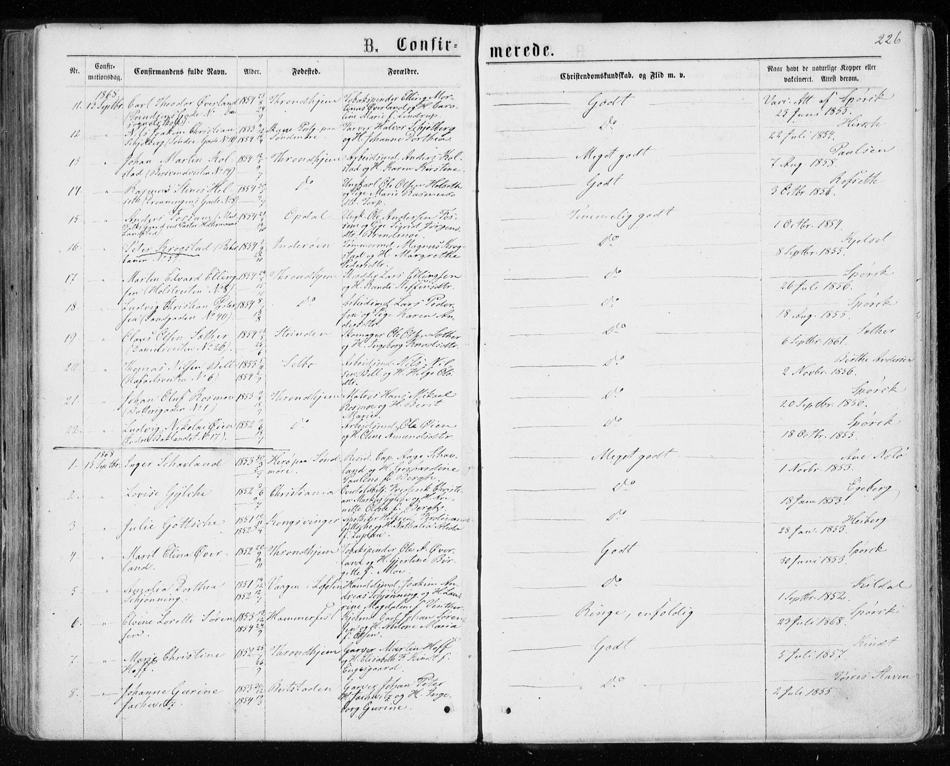 Ministerialprotokoller, klokkerbøker og fødselsregistre - Sør-Trøndelag, SAT/A-1456/601/L0054: Parish register (official) no. 601A22, 1866-1877, p. 226