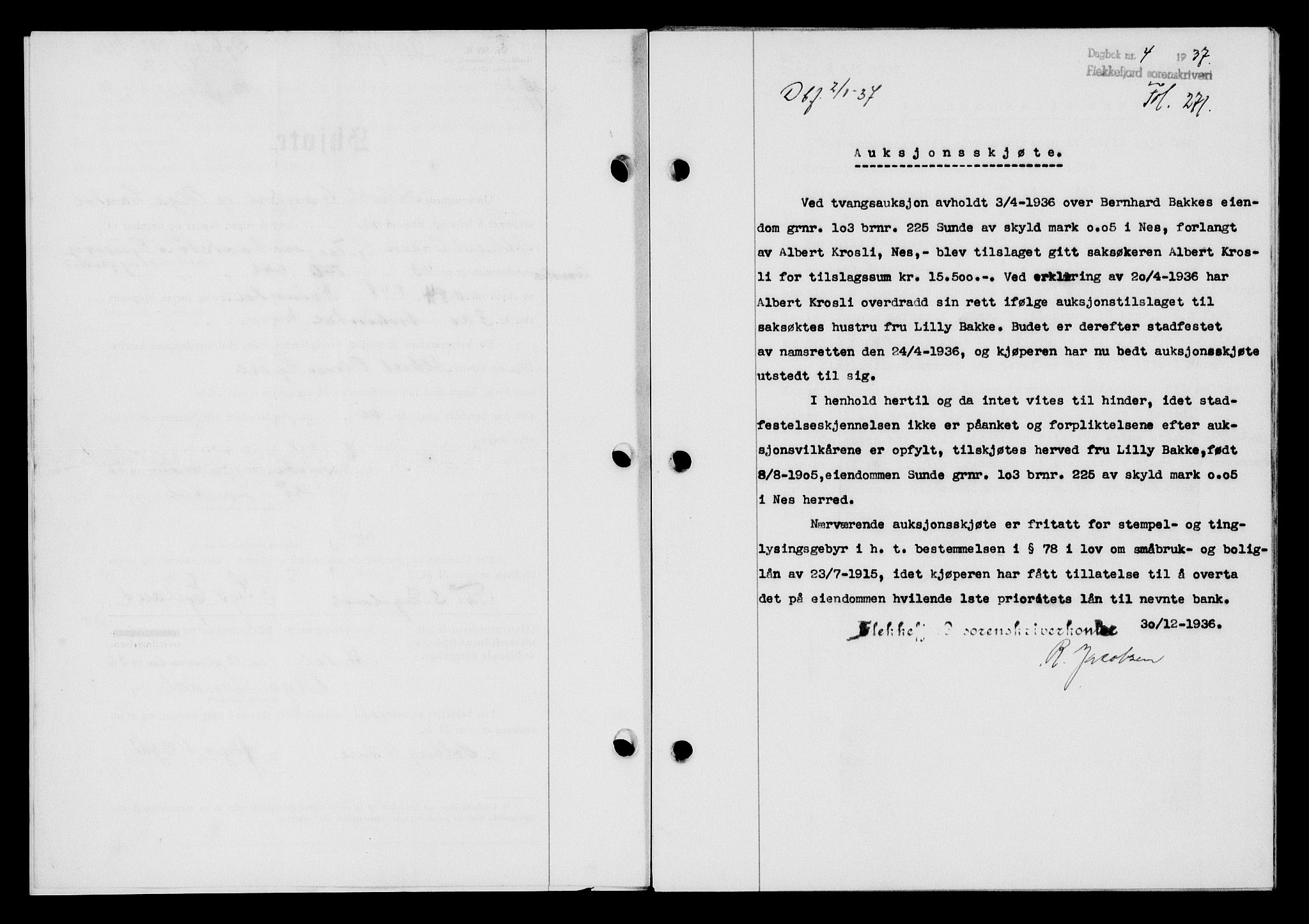 Flekkefjord sorenskriveri, SAK/1221-0001/G/Gb/Gba/L0053: Mortgage book no. A-1, 1936-1937, Diary no: : 4/1937