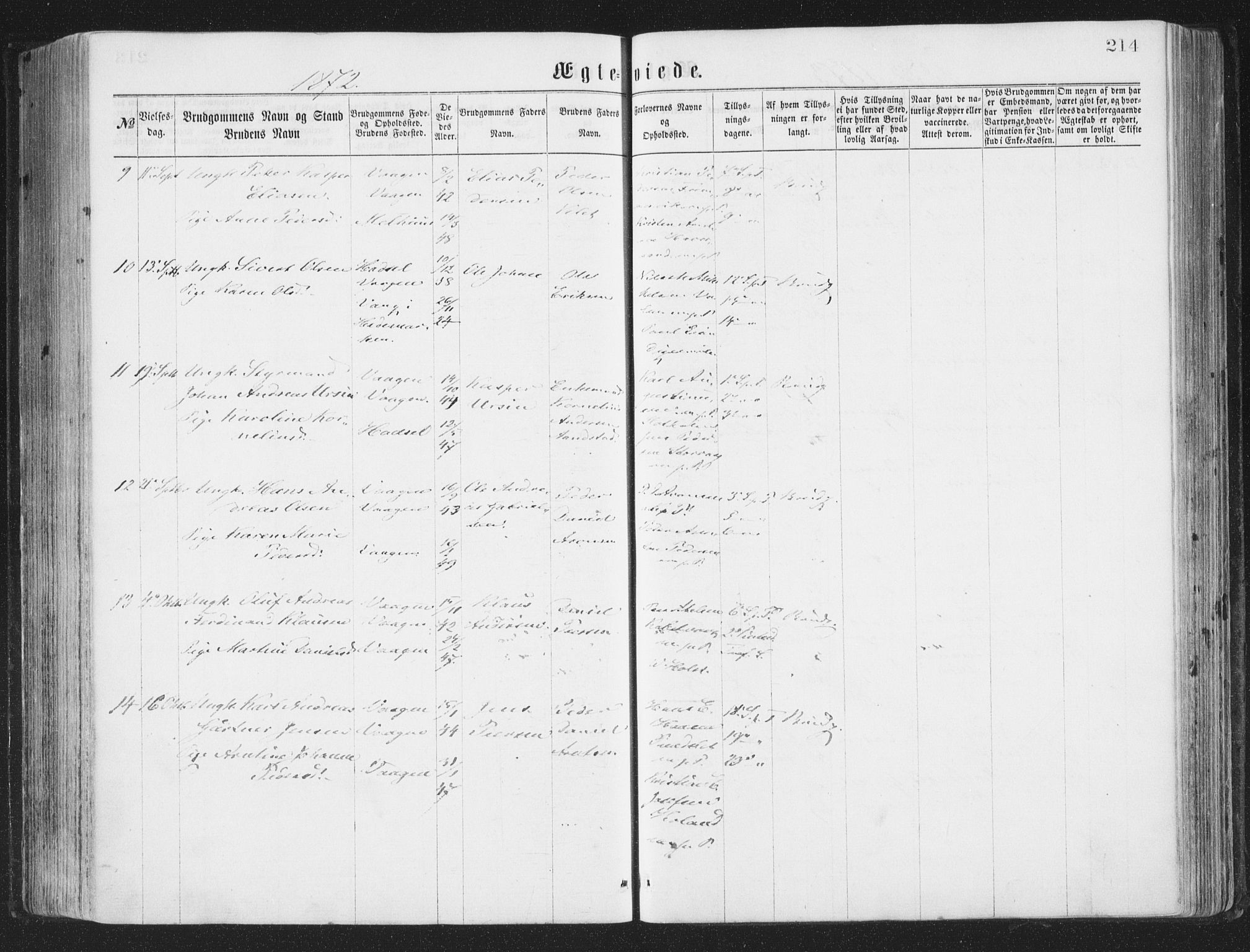 Ministerialprotokoller, klokkerbøker og fødselsregistre - Nordland, AV/SAT-A-1459/874/L1057: Parish register (official) no. 874A01, 1866-1877, p. 214