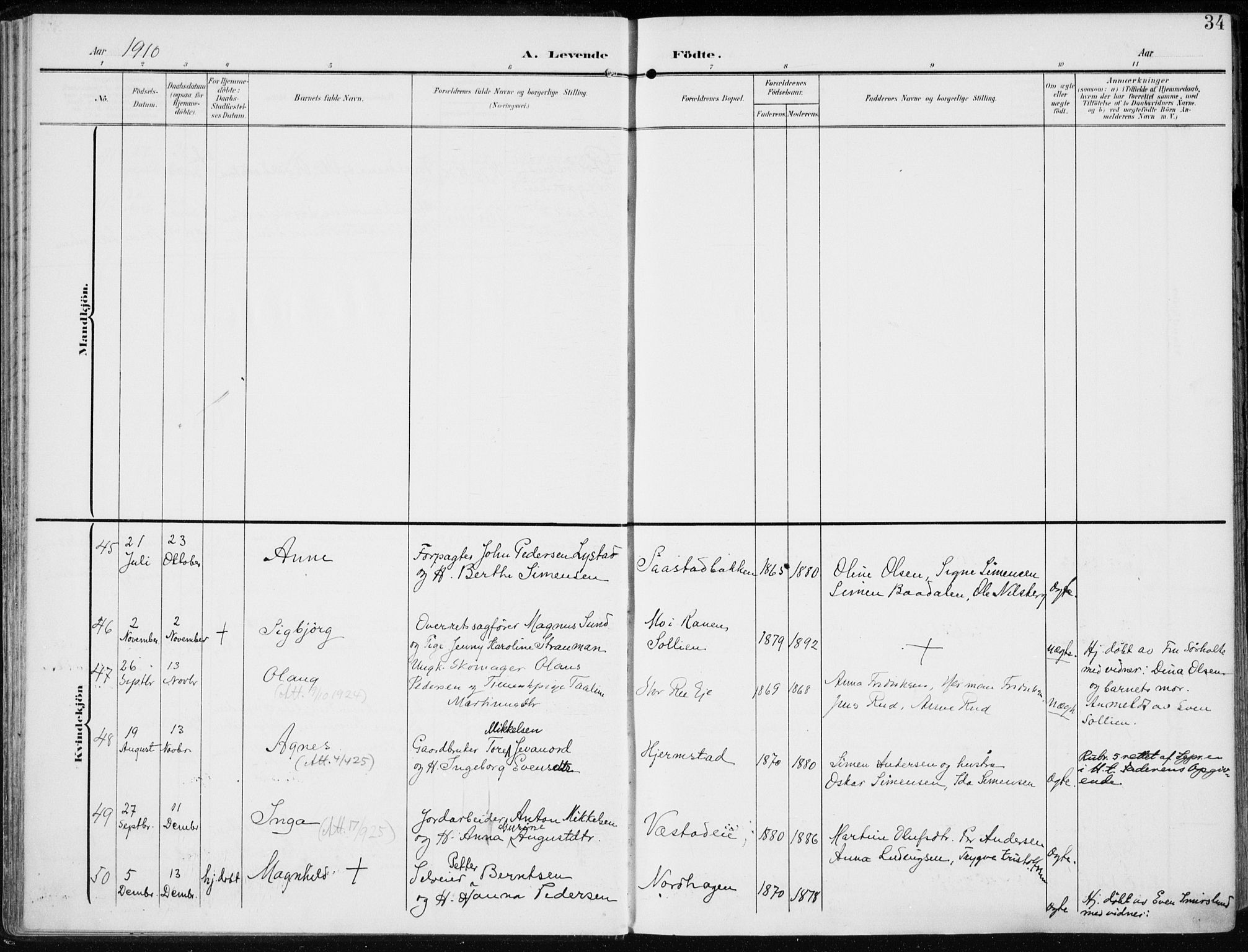 Stange prestekontor, AV/SAH-PREST-002/K/L0024: Parish register (official) no. 24, 1906-1922, p. 34