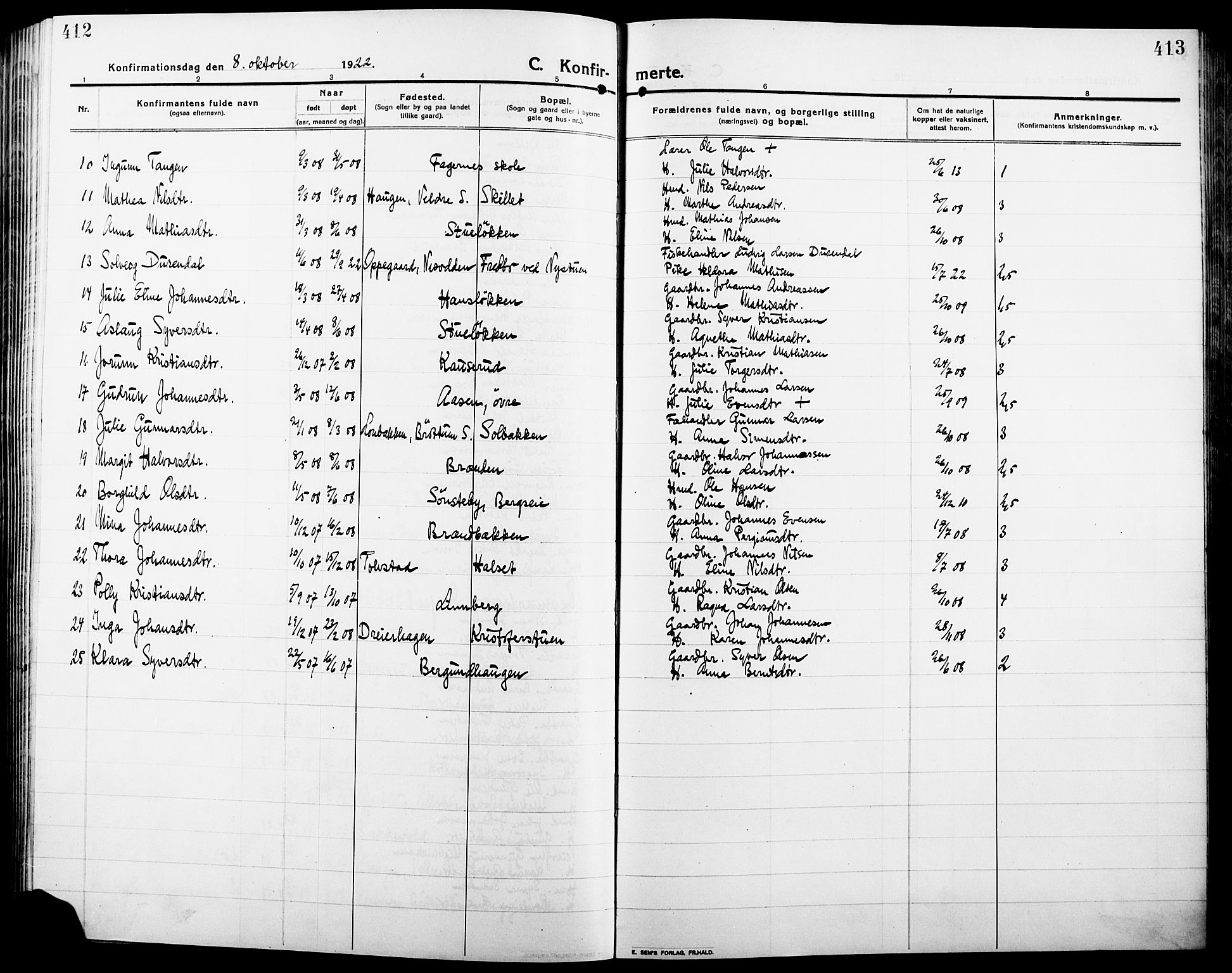 Ringsaker prestekontor, SAH/PREST-014/L/La/L0018: Parish register (copy) no. 18, 1913-1922, p. 412-413