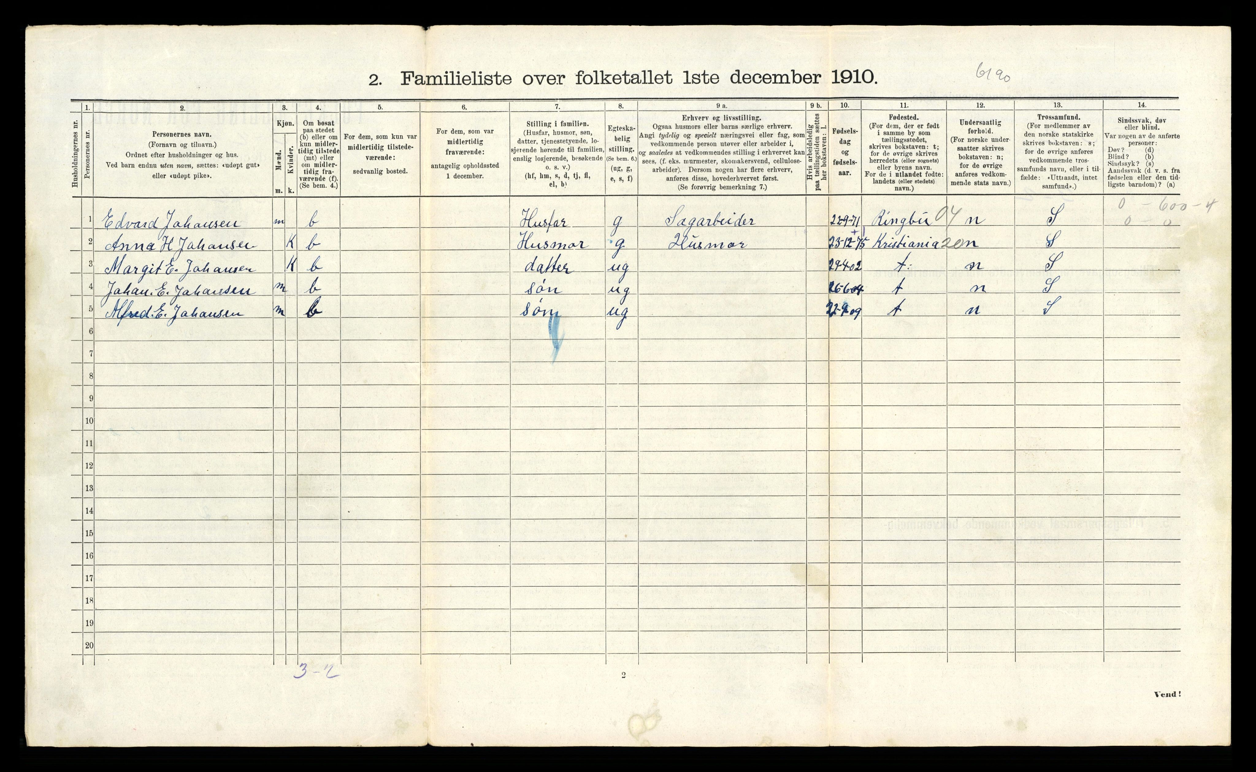 RA, 1910 census for Lillehammer, 1910, p. 2232