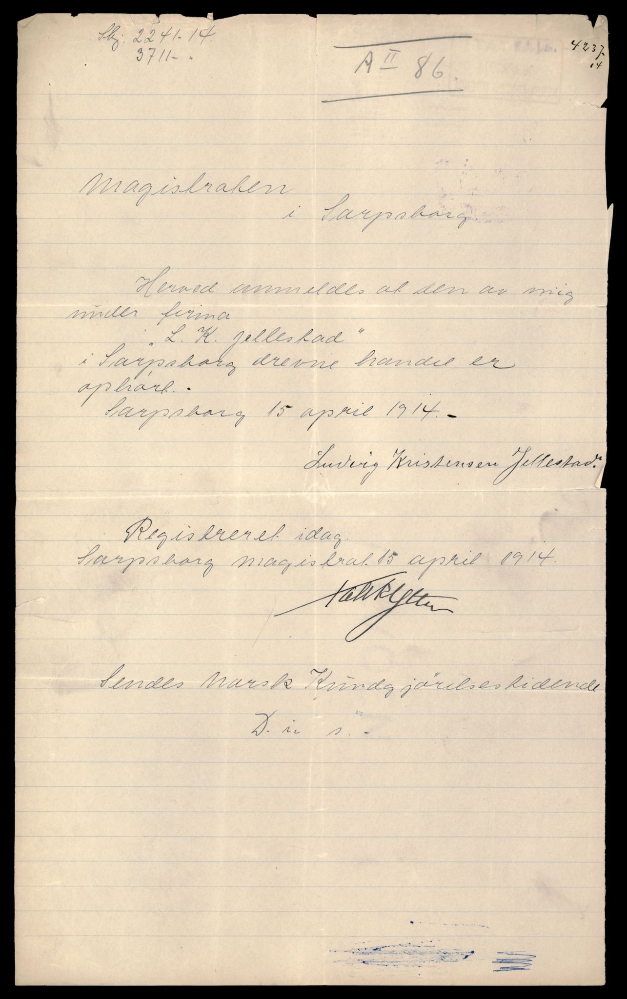 Sarpsborg tingrett, AV/SAT-A-10471a/K/Kb/Kbb/L0007: Enkeltmannsforetak, Lk - M, 1890-1989, p. 1