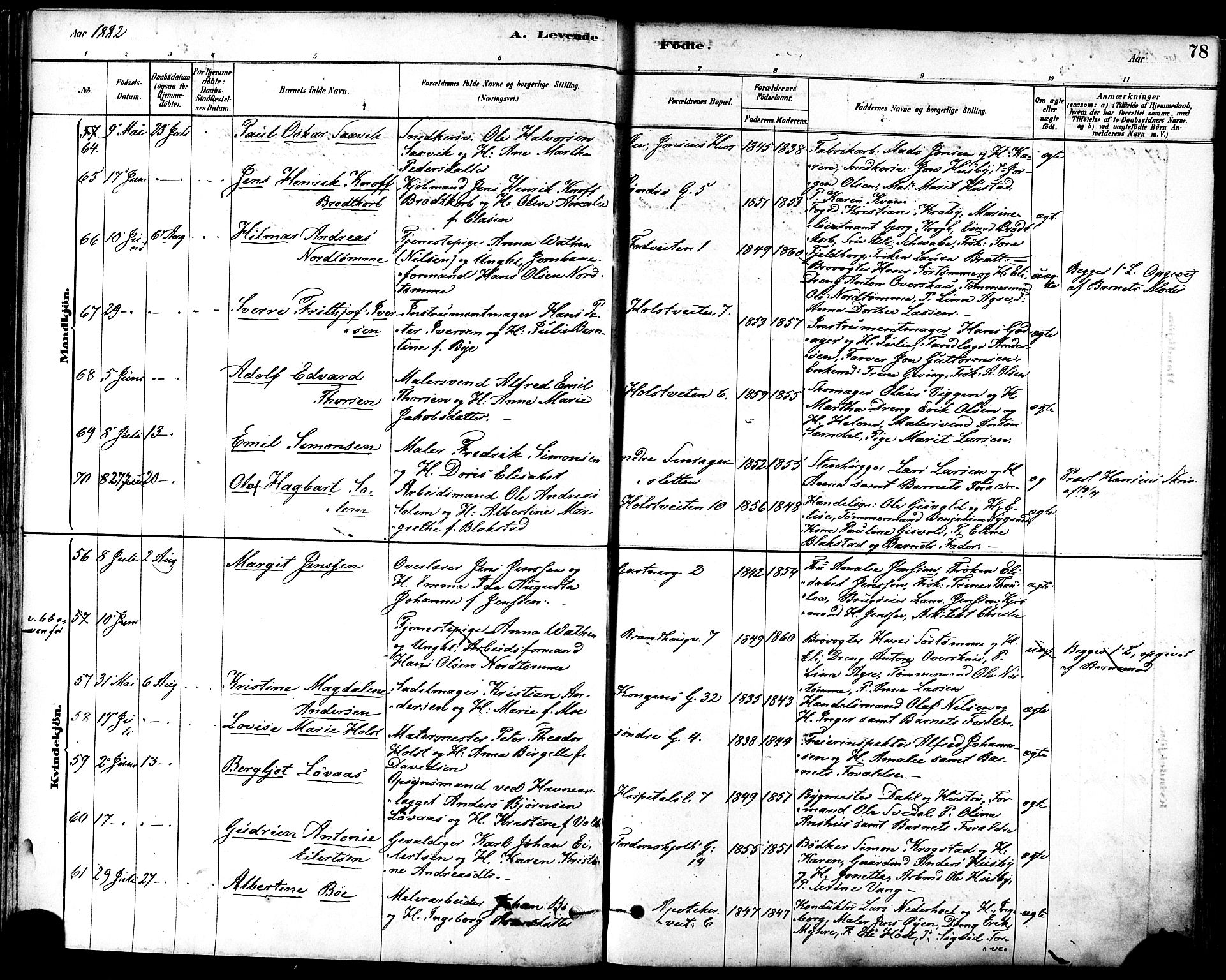 Ministerialprotokoller, klokkerbøker og fødselsregistre - Sør-Trøndelag, SAT/A-1456/601/L0057: Parish register (official) no. 601A25, 1877-1891, p. 78