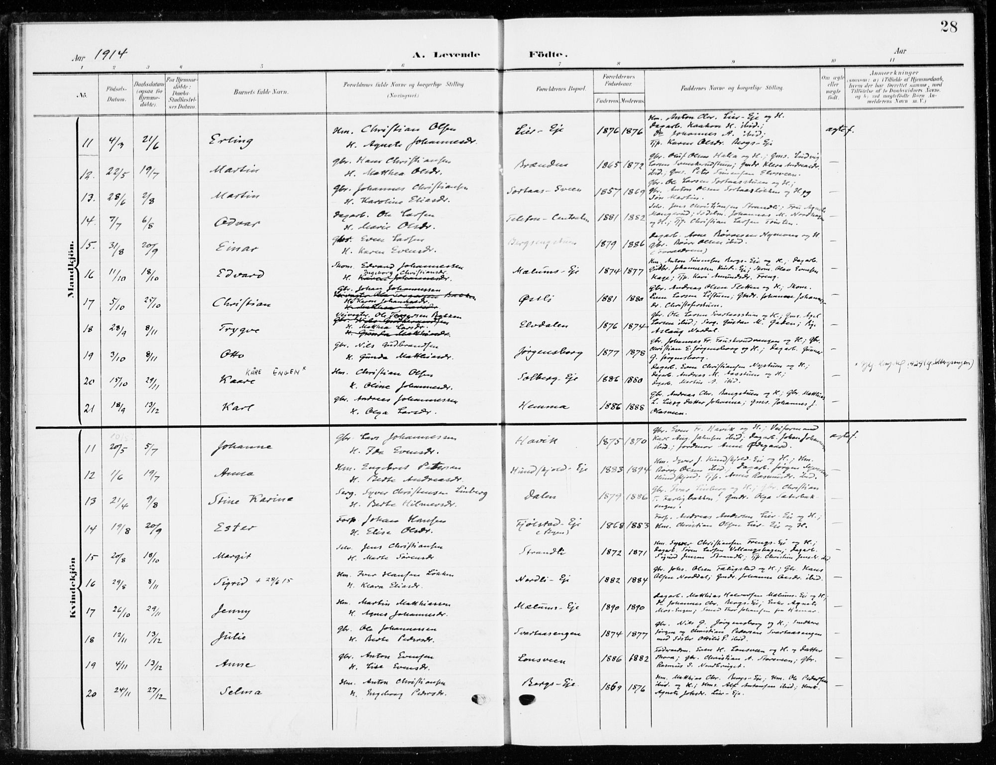 Ringsaker prestekontor, SAH/PREST-014/K/Ka/L0021: Parish register (official) no. 21, 1905-1920, p. 28