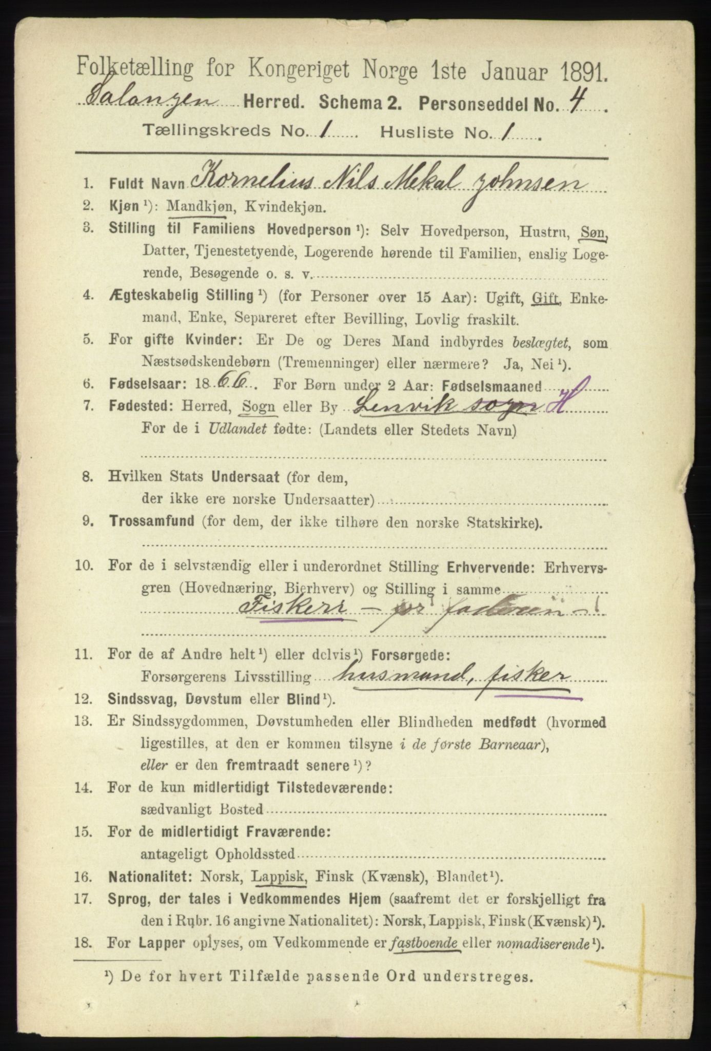 RA, 1891 census for 1921 Salangen, 1891, p. 73