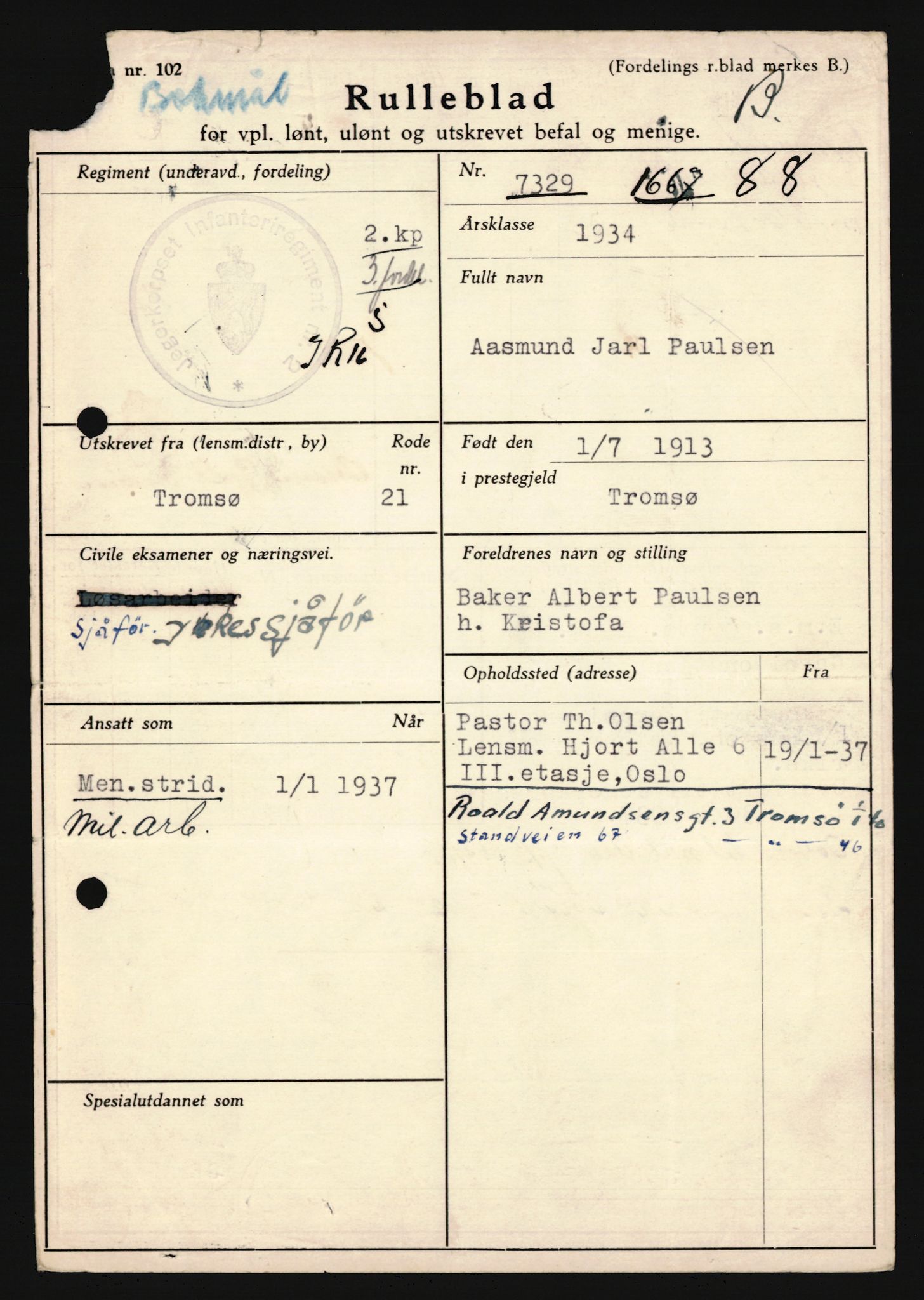 Forsvaret, Troms infanteriregiment nr. 16, AV/RA-RAFA-3146/P/Pa/L0018: Rulleblad for regimentets menige mannskaper, årsklasse 1934, 1934, p. 939