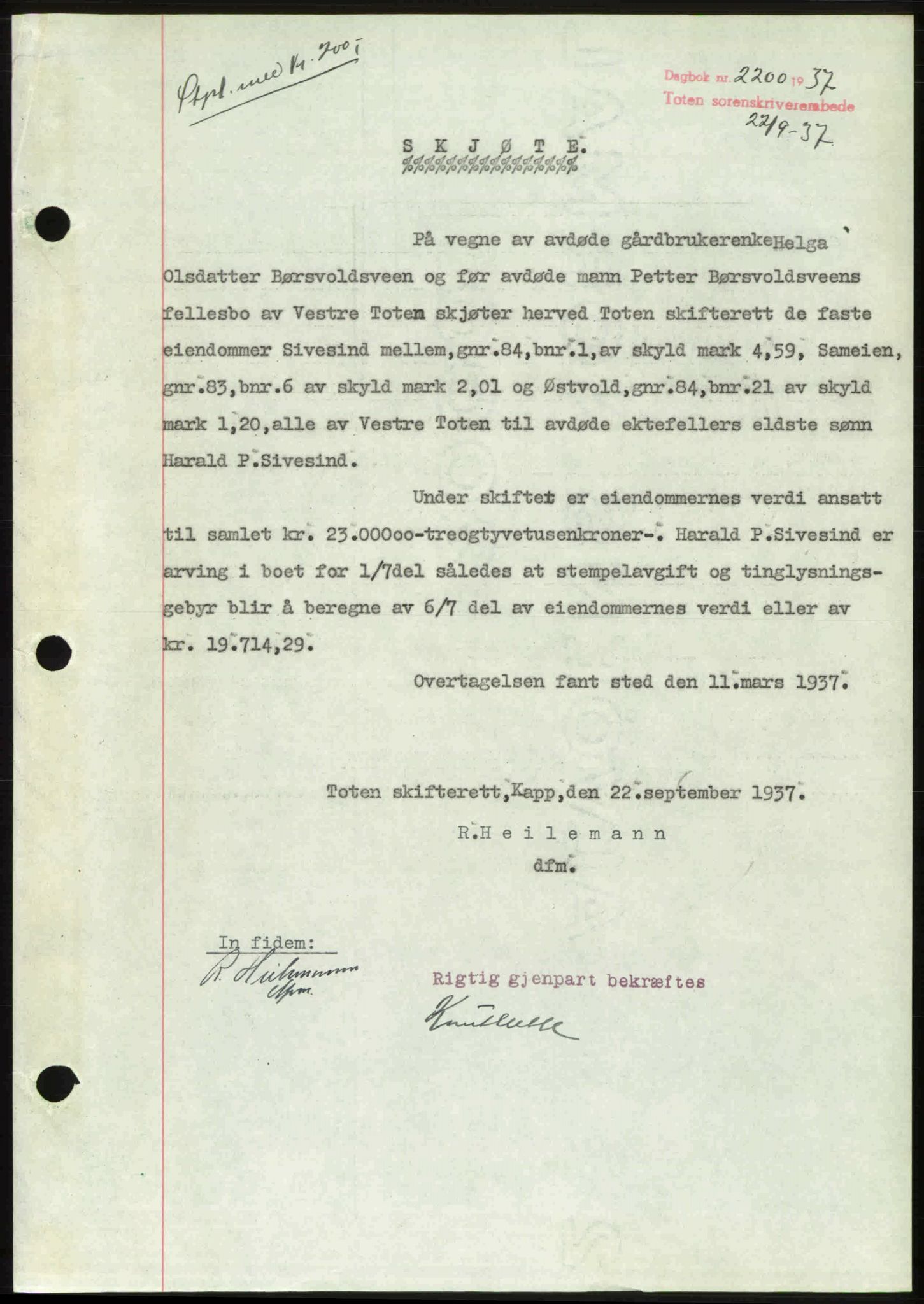 Toten tingrett, SAH/TING-006/H/Hb/Hbc/L0003: Mortgage book no. Hbc-03, 1937-1938, Diary no: : 2200/1937