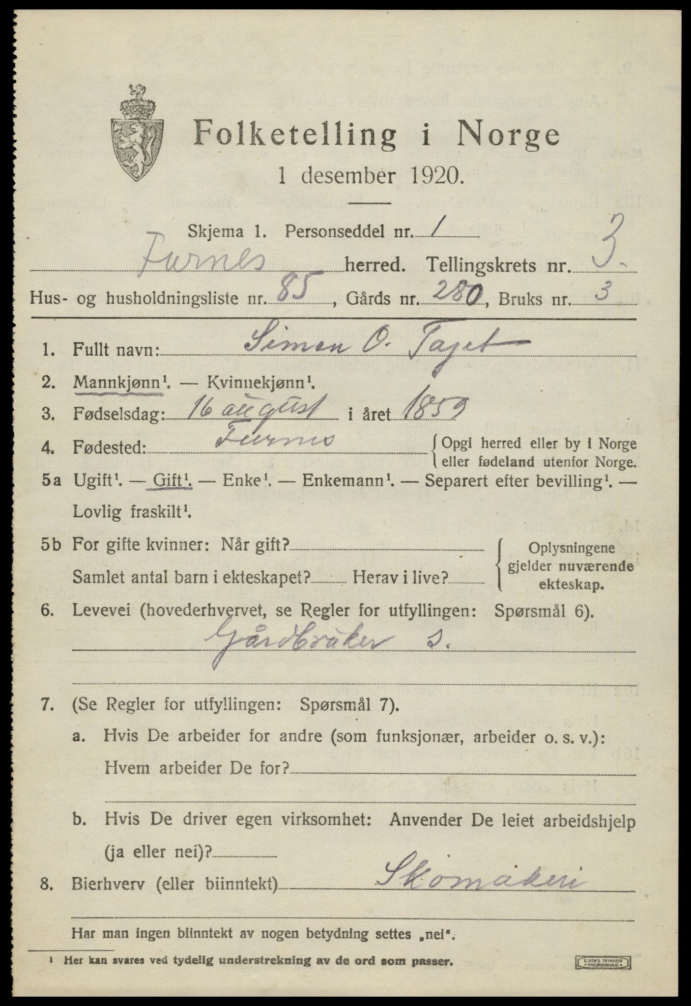 SAH, 1920 census for Furnes, 1920, p. 5659