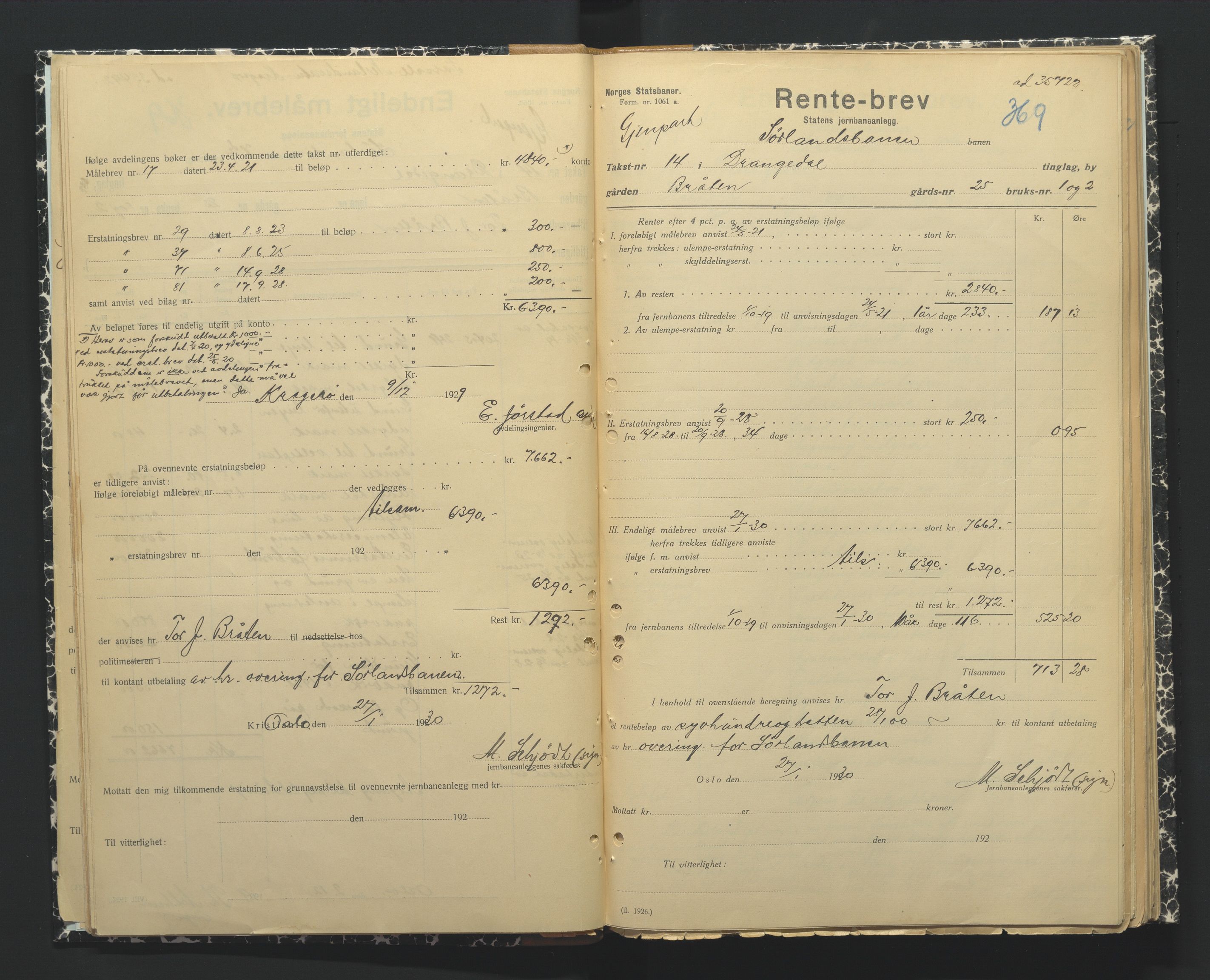 NSB Baneavdelingen, AV/SAK-1821-0004/F/Fc/Fch/L0249/0002: Grunnerstatninger, målebrev / Endelige måle- og rentebrev for Kragerølinja, 1928-1930