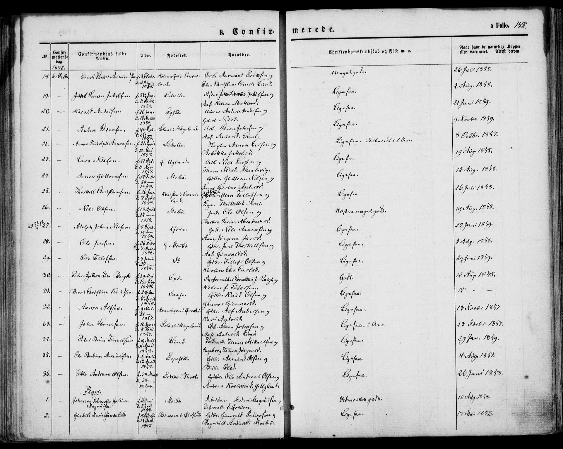 Oddernes sokneprestkontor, AV/SAK-1111-0033/F/Fa/Faa/L0008: Parish register (official) no. A 8, 1864-1880, p. 148
