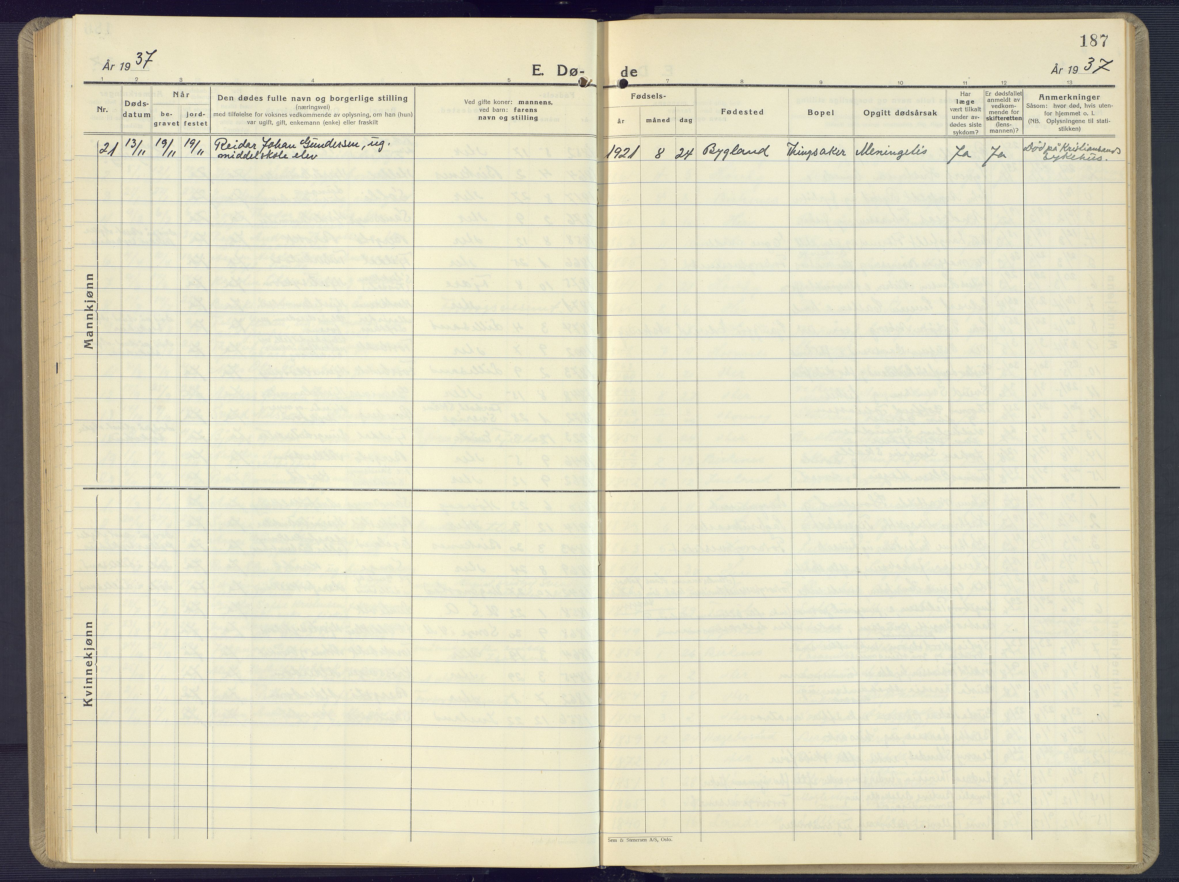 Vestre Moland sokneprestkontor, AV/SAK-1111-0046/F/Fb/Fbb/L0008: Parish register (copy) no. B 8, 1930-1966, p. 187