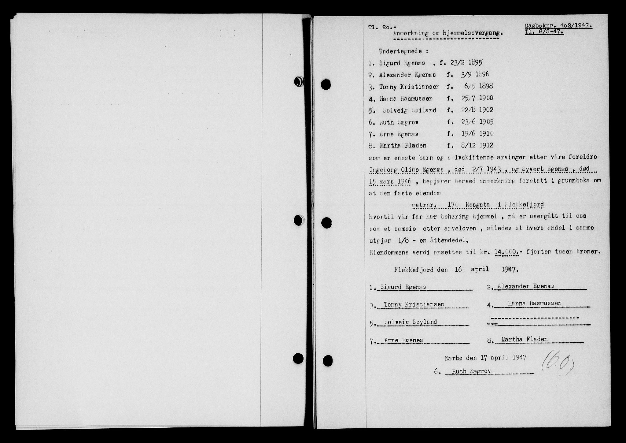 Flekkefjord sorenskriveri, SAK/1221-0001/G/Gb/Gba/L0062: Mortgage book no. A-10, 1947-1947, Diary no: : 402/1947