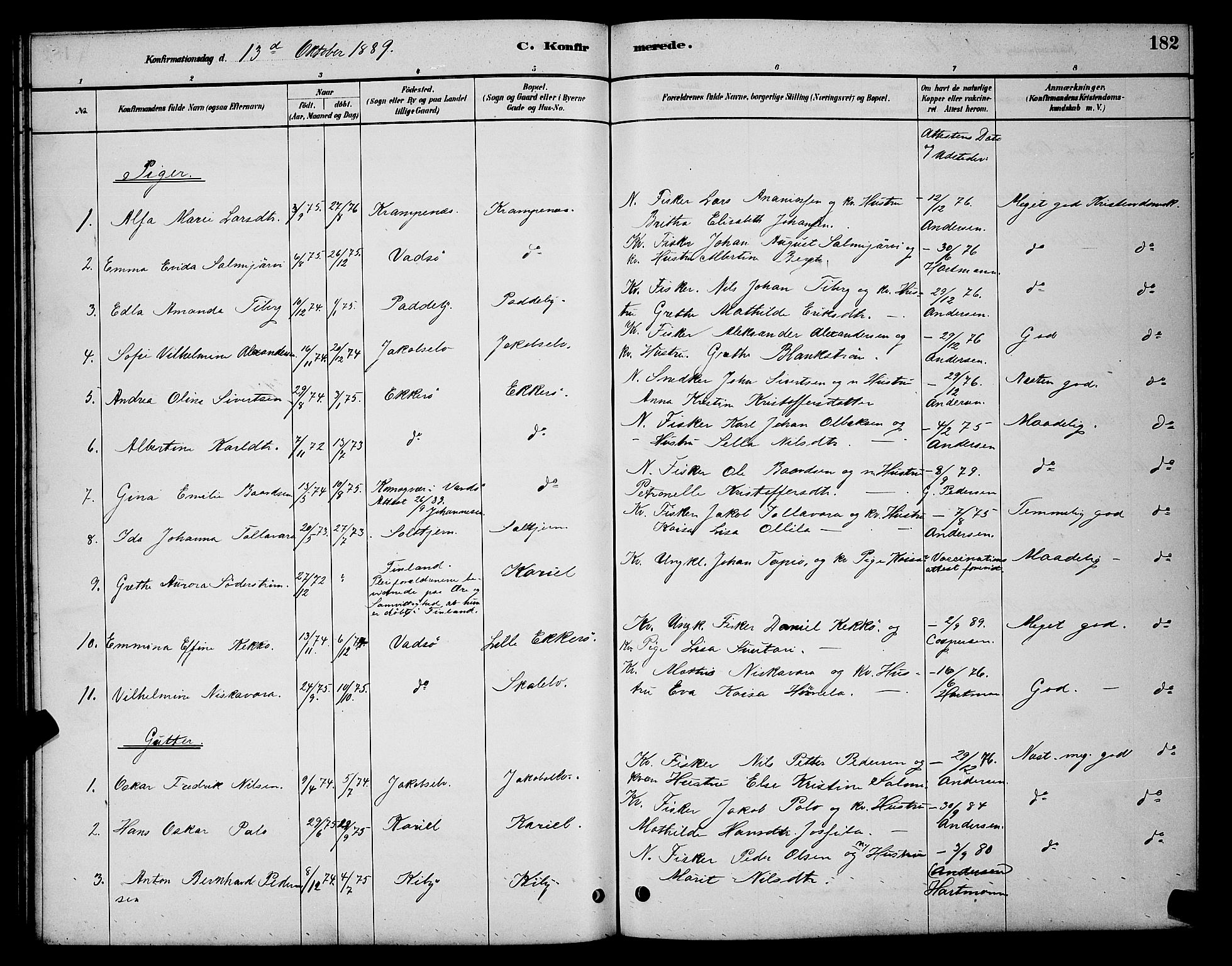 Vadsø sokneprestkontor, AV/SATØ-S-1325/H/Hb/L0003klokker: Parish register (copy) no. 3, 1881-1901, p. 182