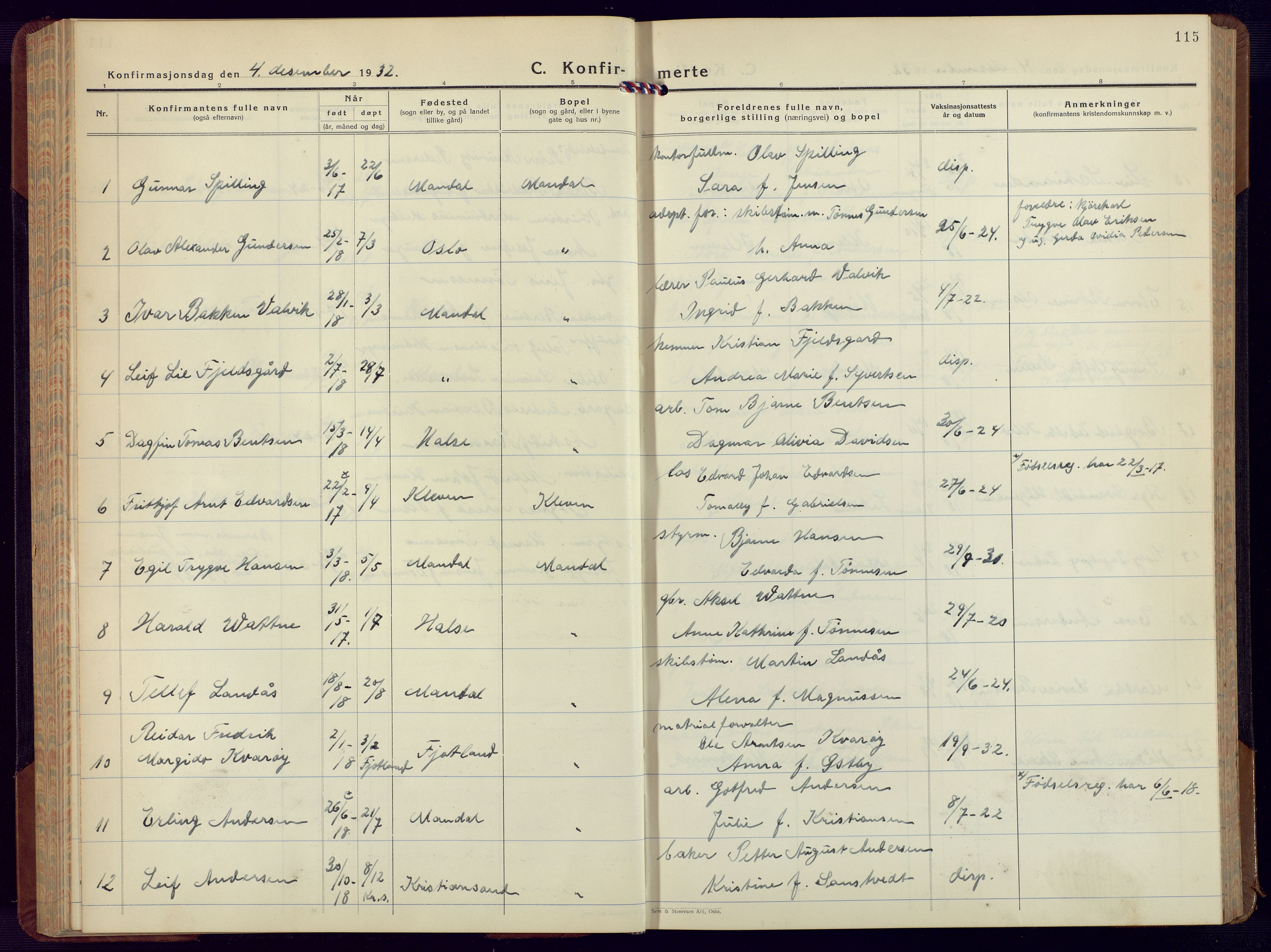 Mandal sokneprestkontor, AV/SAK-1111-0030/F/Fb/Fbc/L0002: Parish register (copy) no. B 2, 1931-1949, p. 115