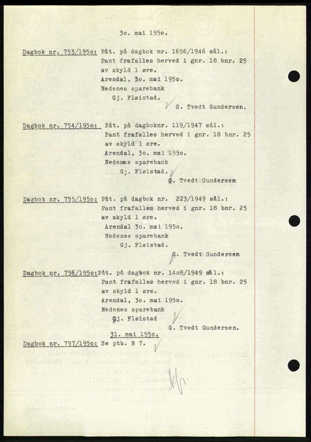 Nedenes sorenskriveri, AV/SAK-1221-0006/G/Gb/Gba/L0062: Mortgage book no. A14, 1949-1950, Diary no: : 753/1950