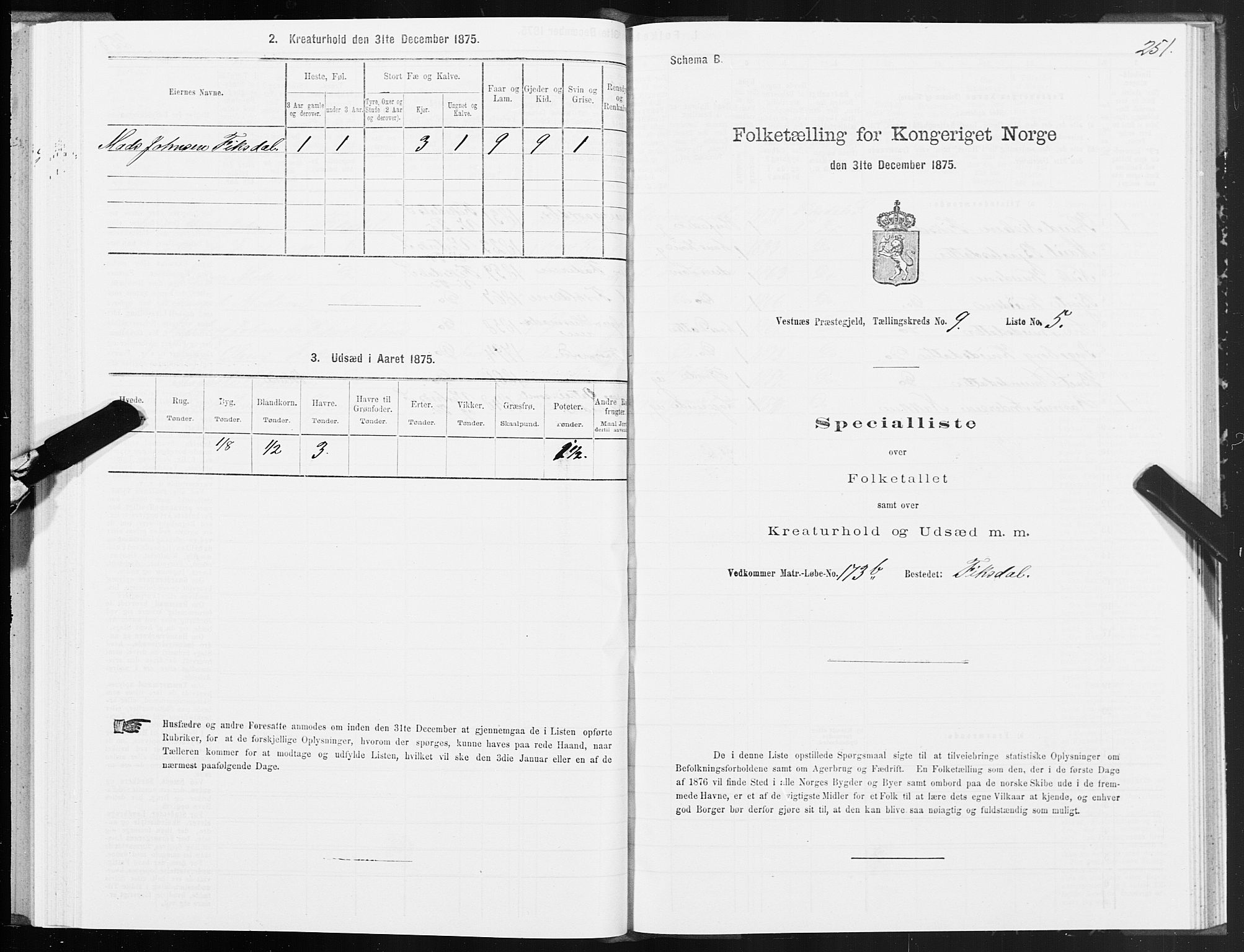 SAT, 1875 census for 1535P Vestnes, 1875, p. 3251