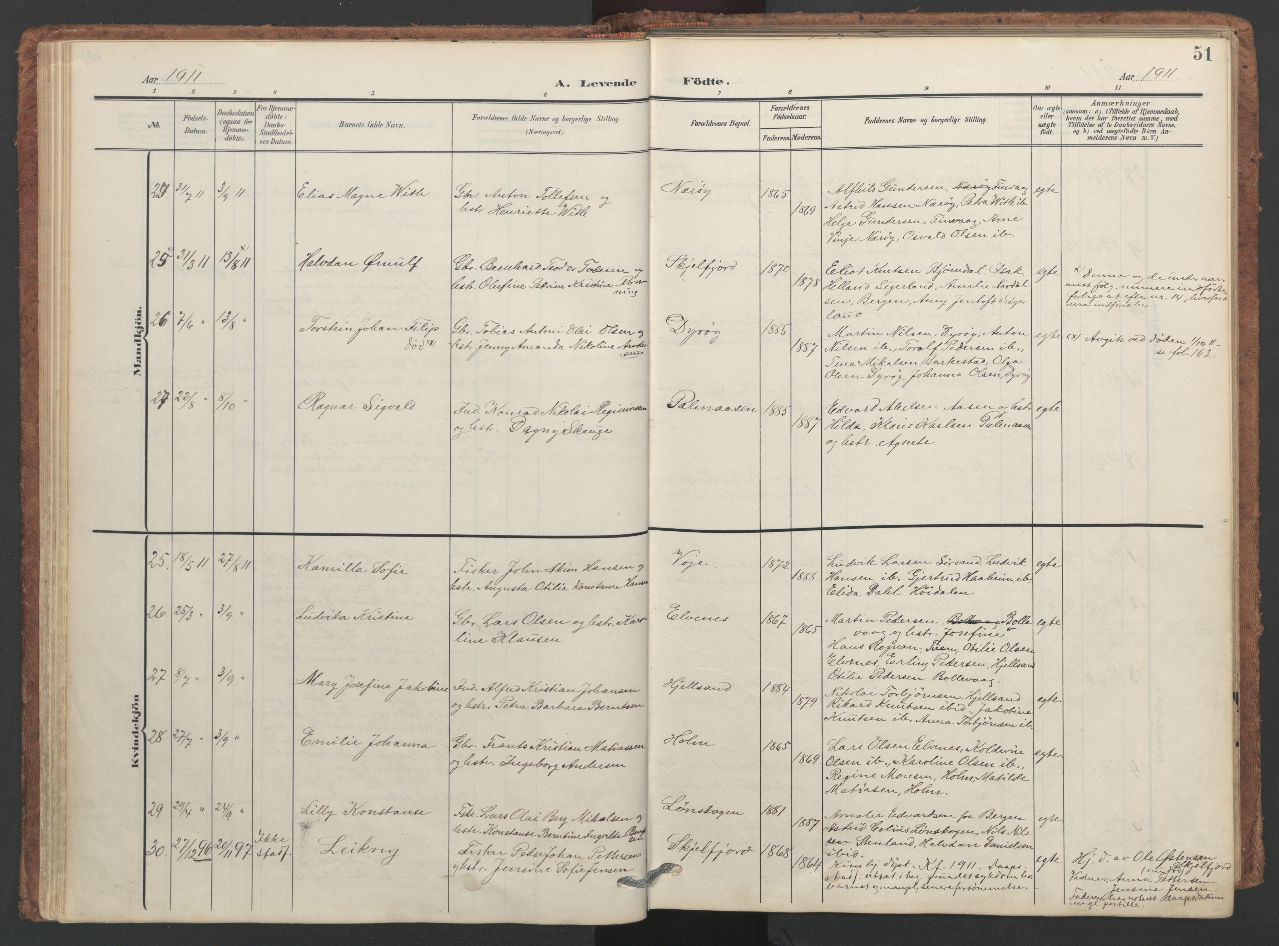 Ministerialprotokoller, klokkerbøker og fødselsregistre - Nordland, SAT/A-1459/893/L1339: Parish register (official) no. 893A11, 1904-1914, p. 51