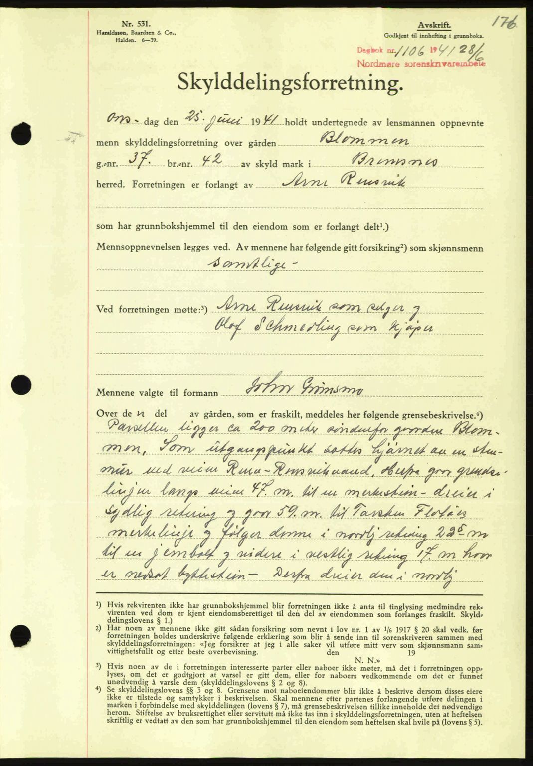 Nordmøre sorenskriveri, SAT/A-4132/1/2/2Ca: Mortgage book no. A90, 1941-1941, Diary no: : 1106/1941