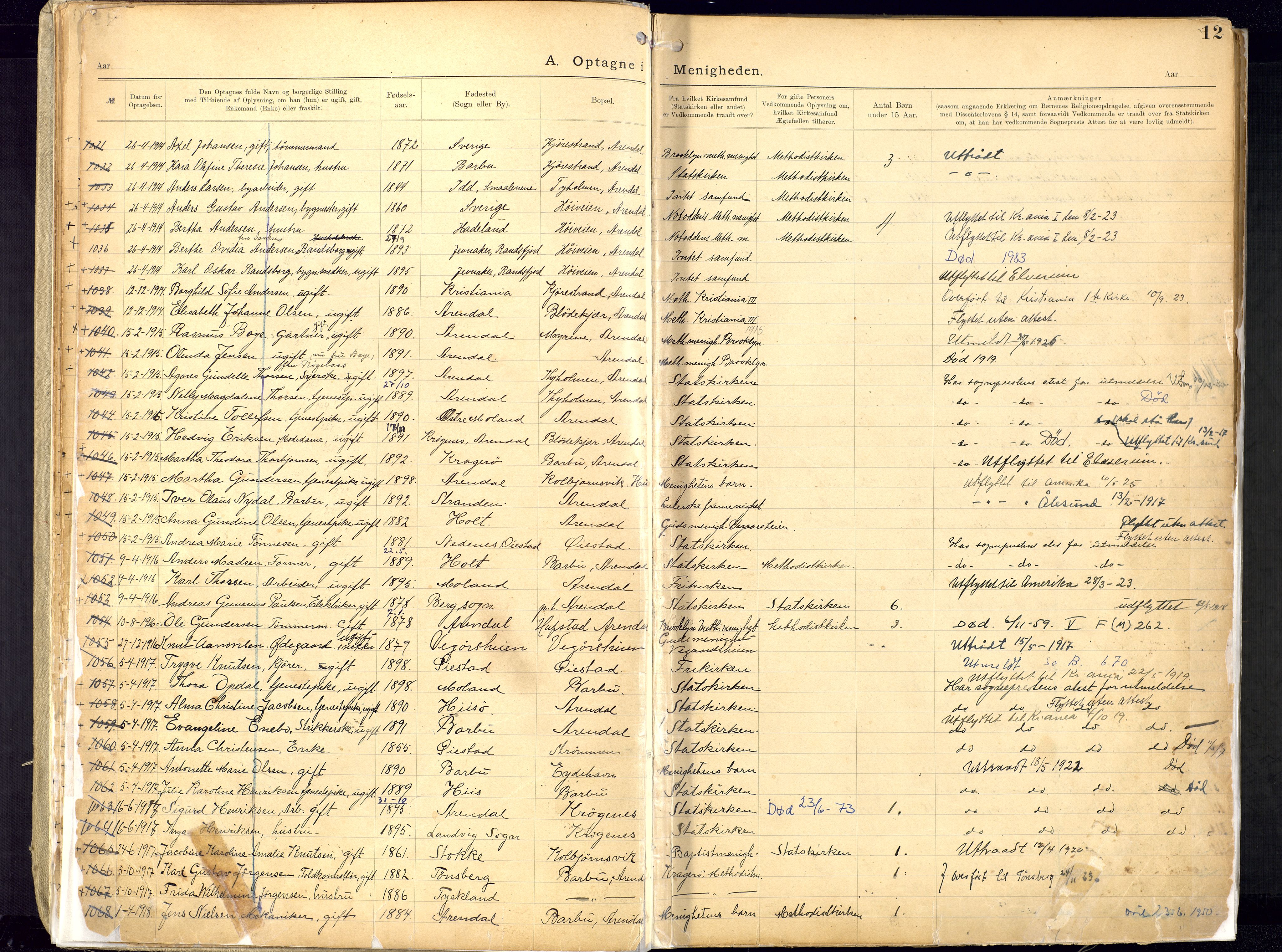 Metodistmenigheten, Arendal, SAK/1292-0011/F/Fa/L0005: Dissenter register no. 5, 1892-1942, p. 12