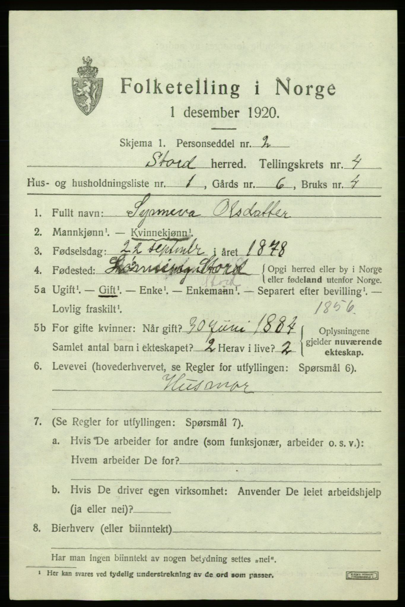 SAB, 1920 census for Stord, 1920, p. 1941