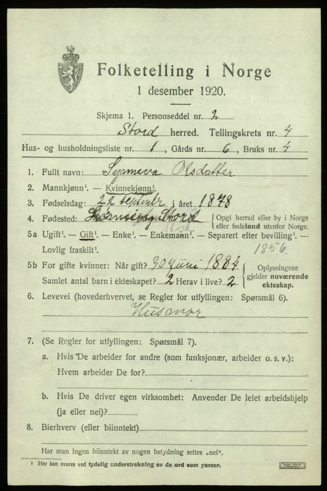 SAB, 1920 census for Stord, 1920, p. 1941