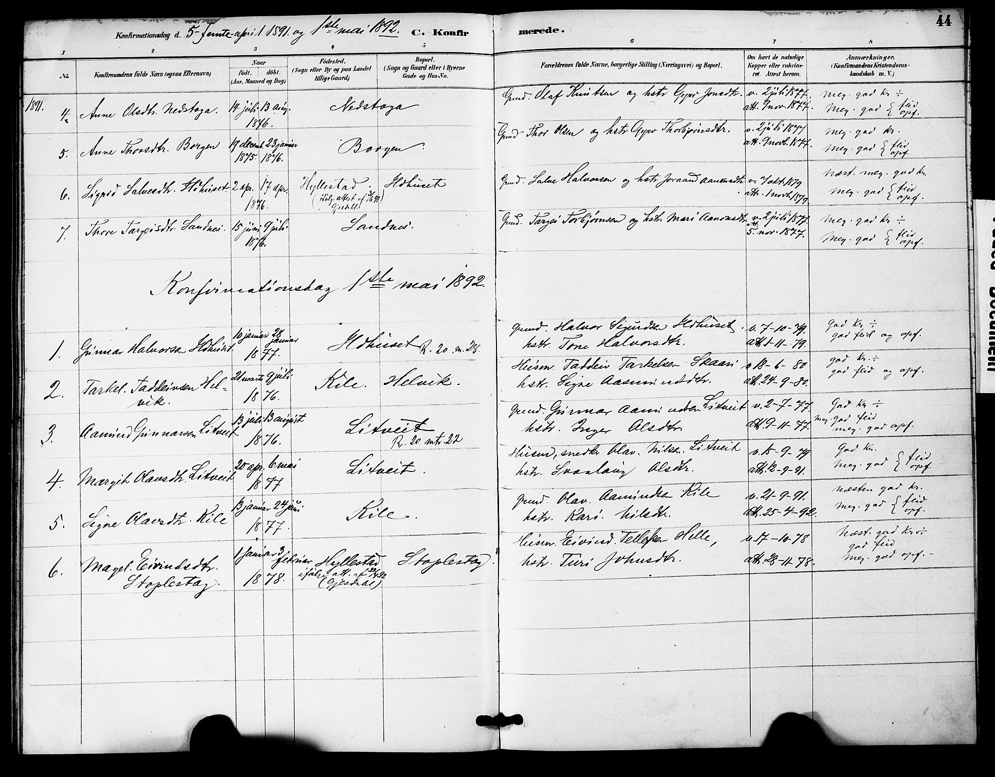 Bygland sokneprestkontor, AV/SAK-1111-0006/F/Fa/Fac/L0001: Parish register (official) no. A 1, 1885-1909, p. 44