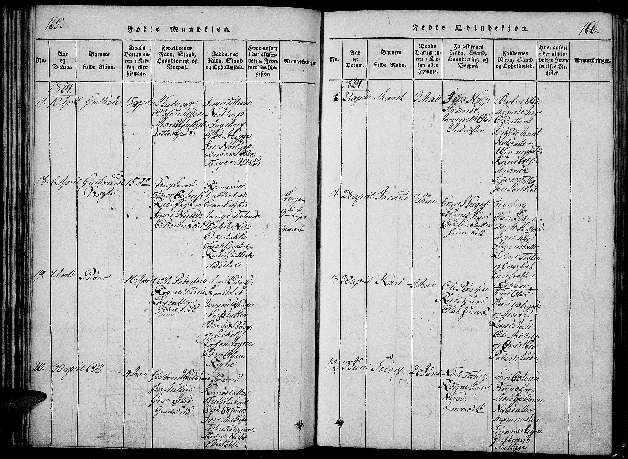 Slidre prestekontor, SAH/PREST-134/H/Ha/Hab/L0002: Parish register (copy) no. 2, 1814-1839, p. 165-166