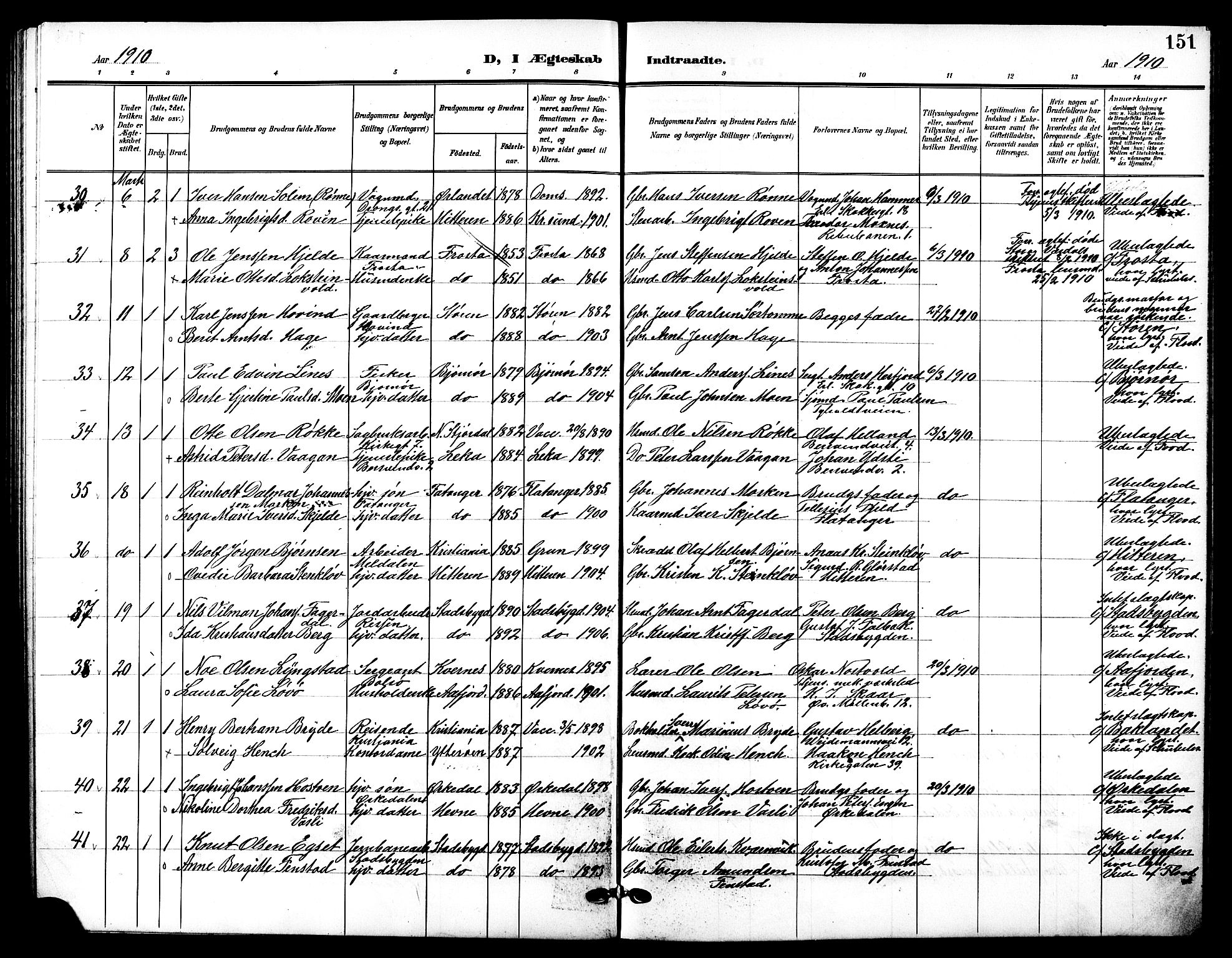 Ministerialprotokoller, klokkerbøker og fødselsregistre - Sør-Trøndelag, AV/SAT-A-1456/601/L0095: Parish register (copy) no. 601C13, 1902-1911, p. 151