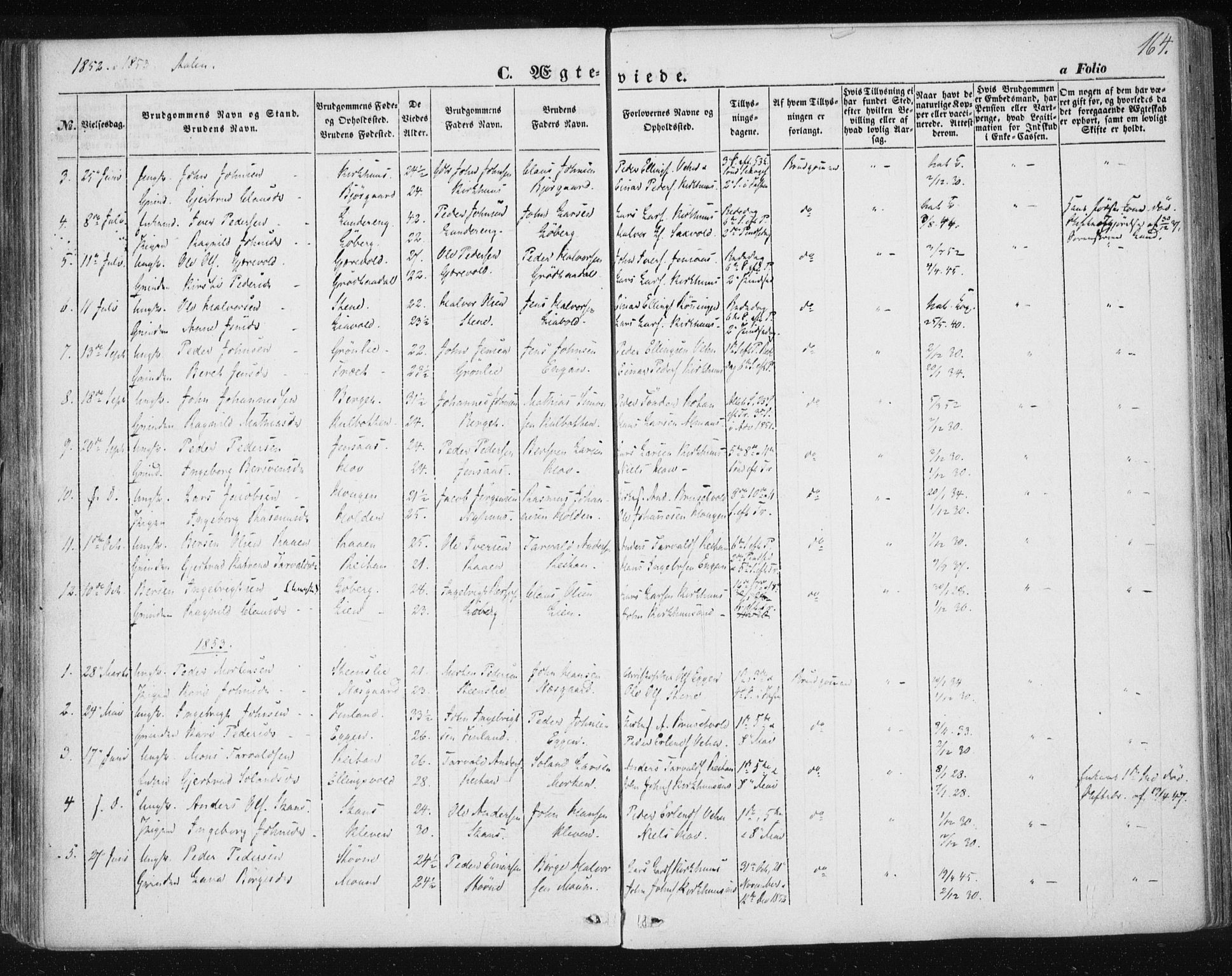 Ministerialprotokoller, klokkerbøker og fødselsregistre - Sør-Trøndelag, SAT/A-1456/685/L0965: Parish register (official) no. 685A06 /3, 1846-1859, p. 164