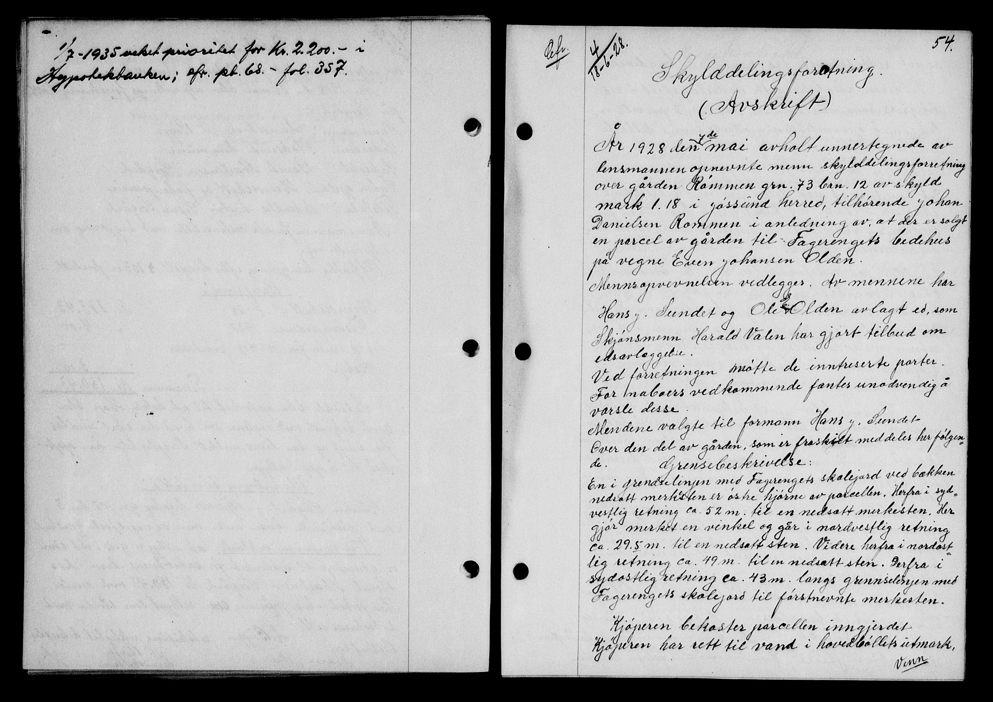 Fosen sorenskriveri, AV/SAT-A-1107/1/2/2C/L0067: Mortgage book no. 58, 1928-1929, p. 54, Deed date: 18.06.1928
