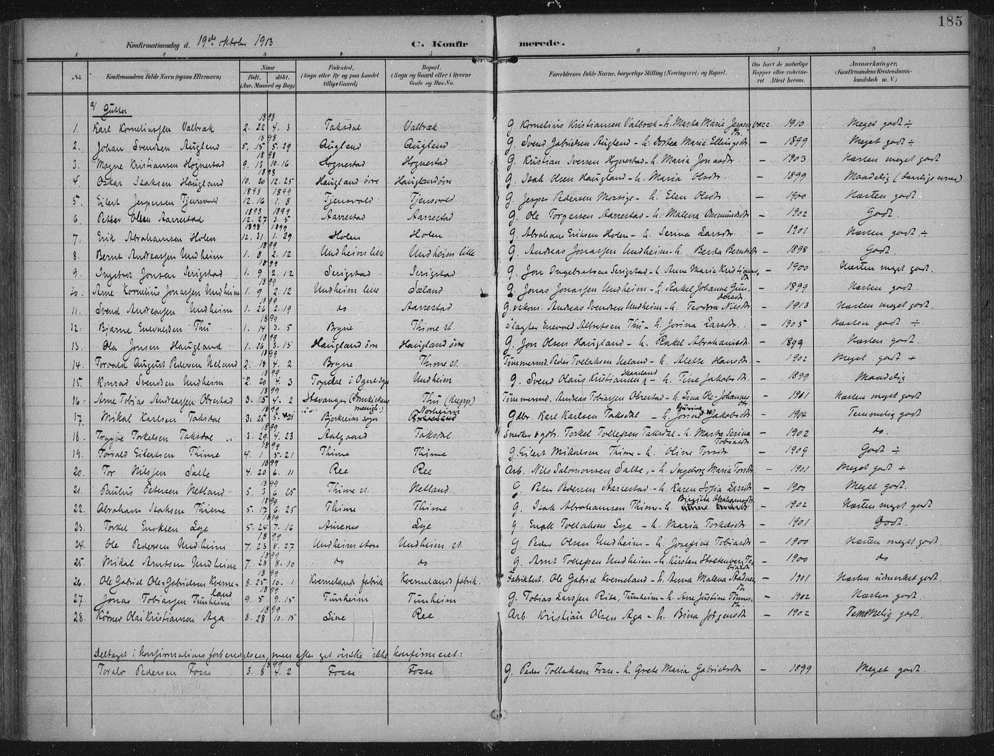 Lye sokneprestkontor, SAST/A-101794/002/A/L0001: Parish register (official) no. A 12, 1904-1920, p. 185