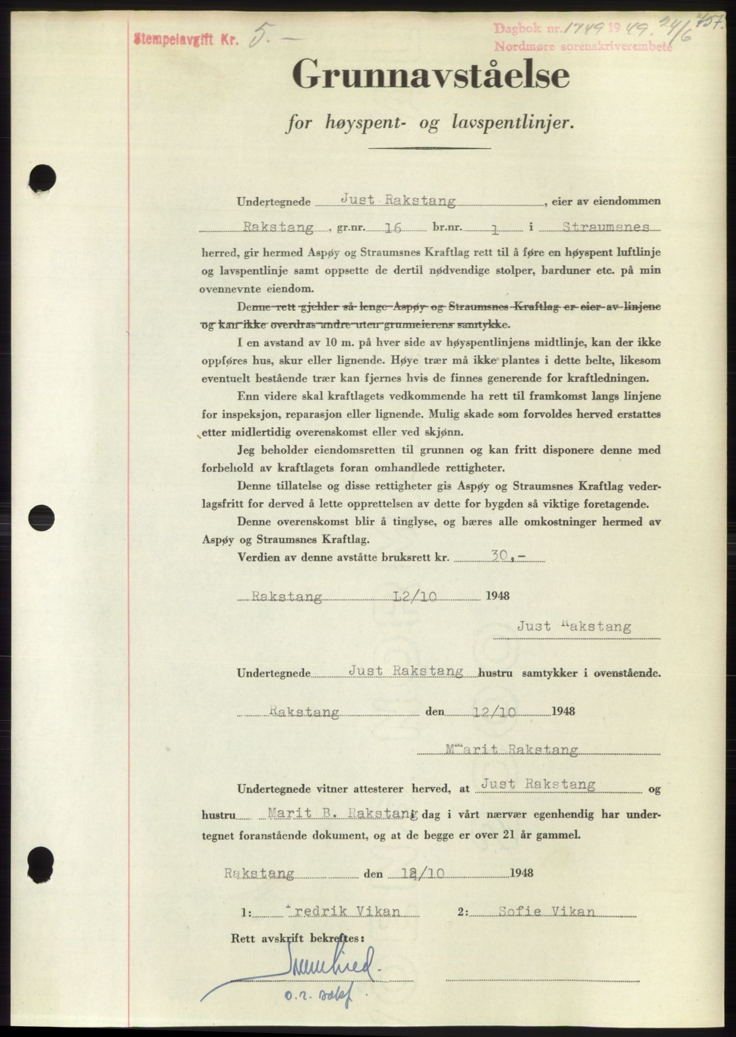 Nordmøre sorenskriveri, AV/SAT-A-4132/1/2/2Ca: Mortgage book no. B101, 1949-1949, Diary no: : 1749/1949