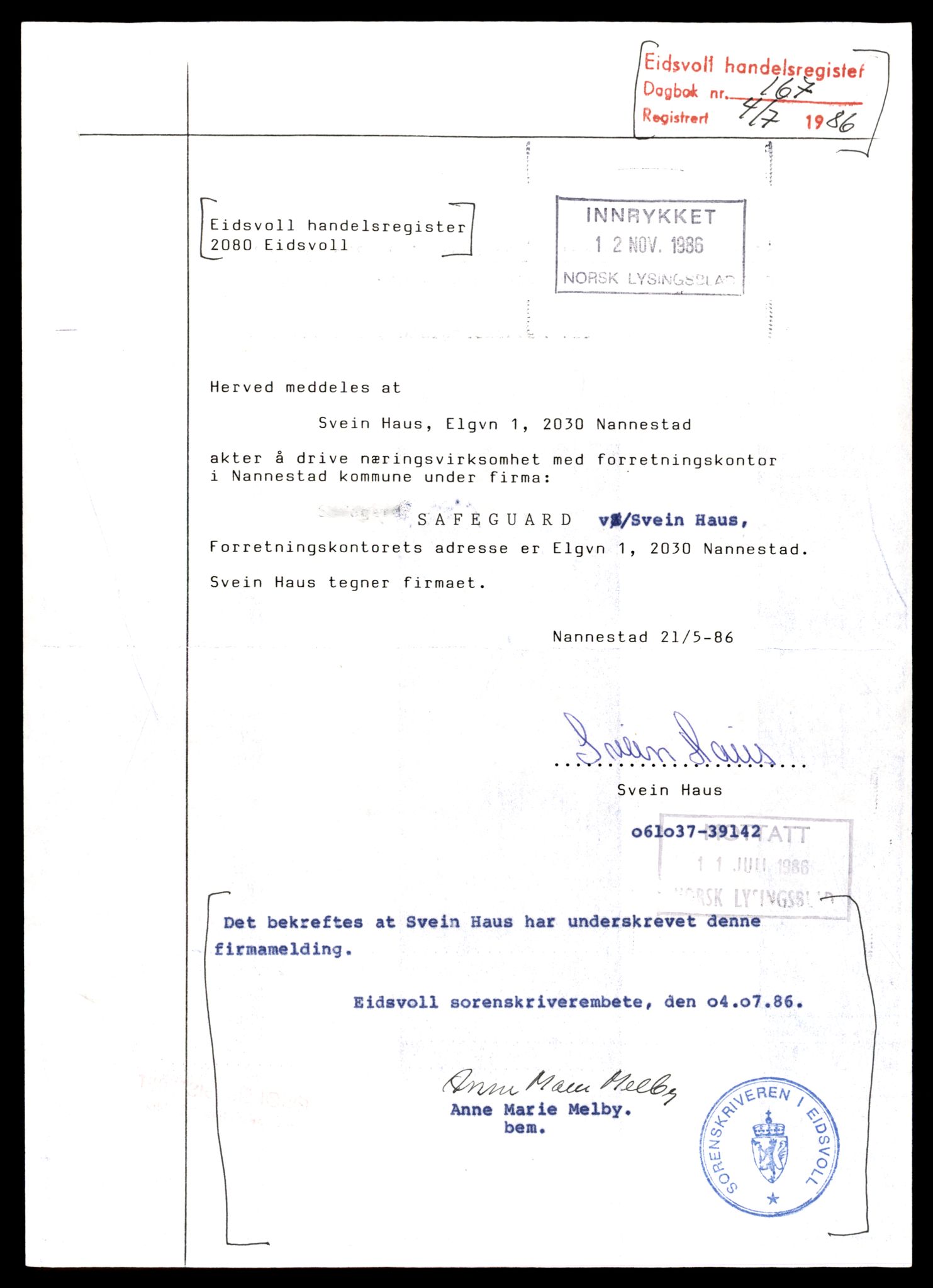 Eidsvoll tingrett, AV/SAT-A-10371/K/Kd/Kdb/L0007:  Enkeltmannsforetak, S-T , 1944-1990