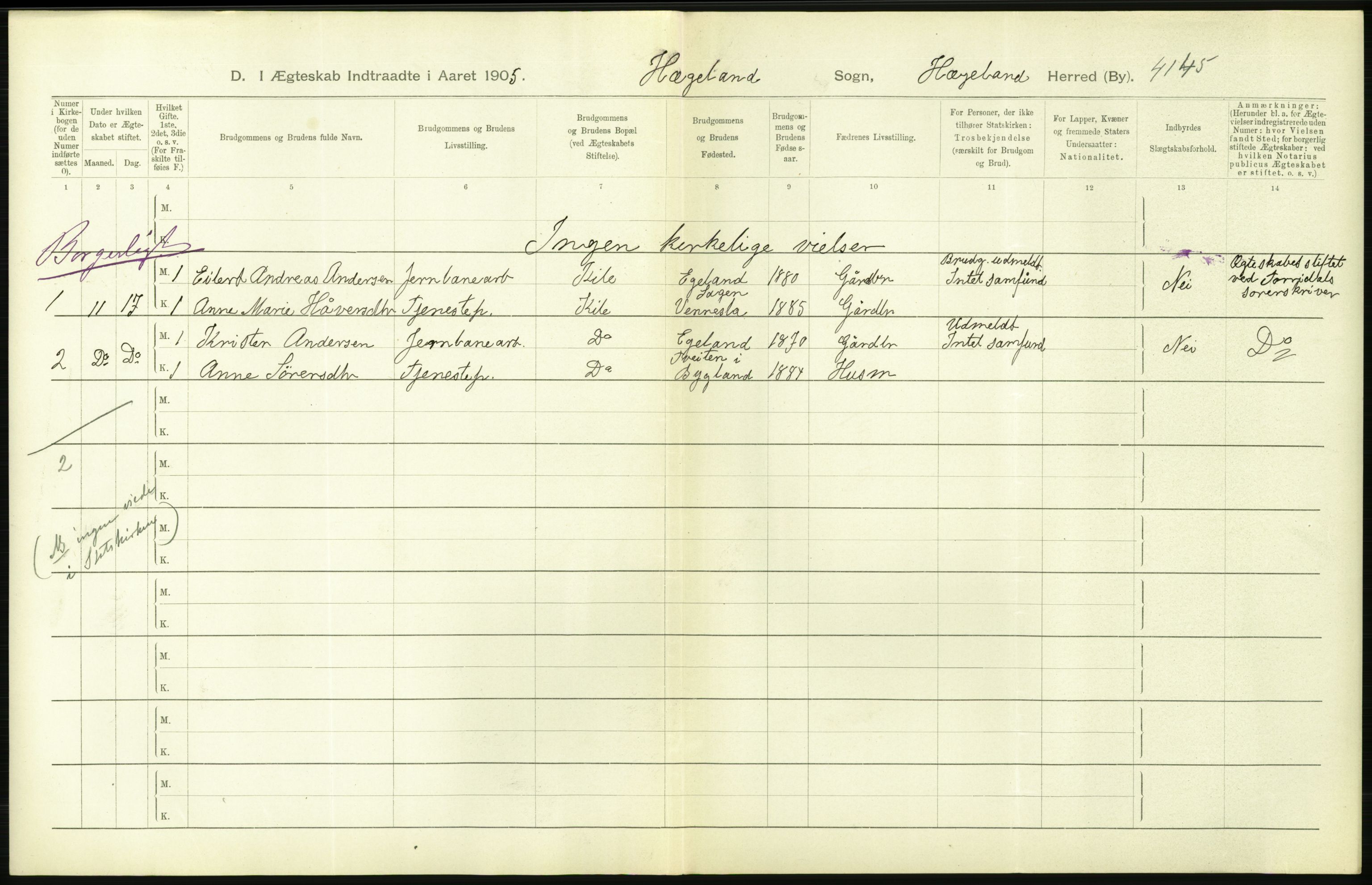 Statistisk sentralbyrå, Sosiodemografiske emner, Befolkning, AV/RA-S-2228/D/Df/Dfa/Dfac/L0020: Lister og Mandals amt: Fødte. Bygder, 1905, p. 22